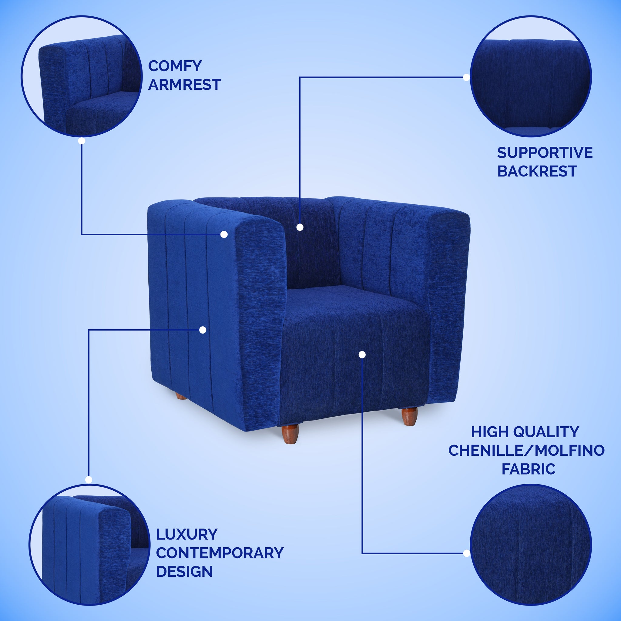 Seventh Heaven Tokyo 1 Seater Sofa, Extra Spacious, Chenille Molfino Fabric: 2 Year Warranty Fabric 1 Seater Sofa  Blue(Finish Color - Blue, DIY(Do-It-Yourself)