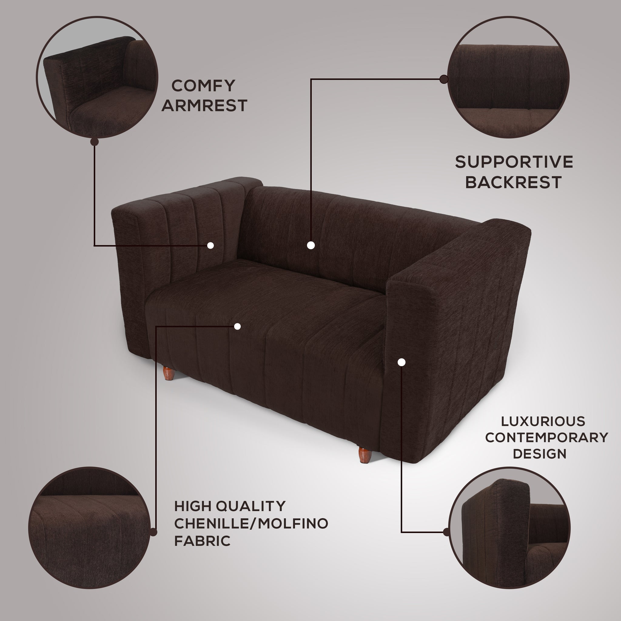 Tokyo 2 Seater Sofa- ( Premium Molfino Fabric- Brown )