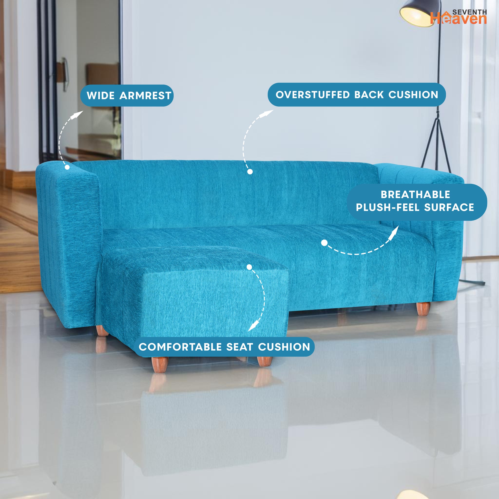 Tokyo 4 Seater Sofa with Ottoman- ( Premium Molfino Fabric- Sky Blue )