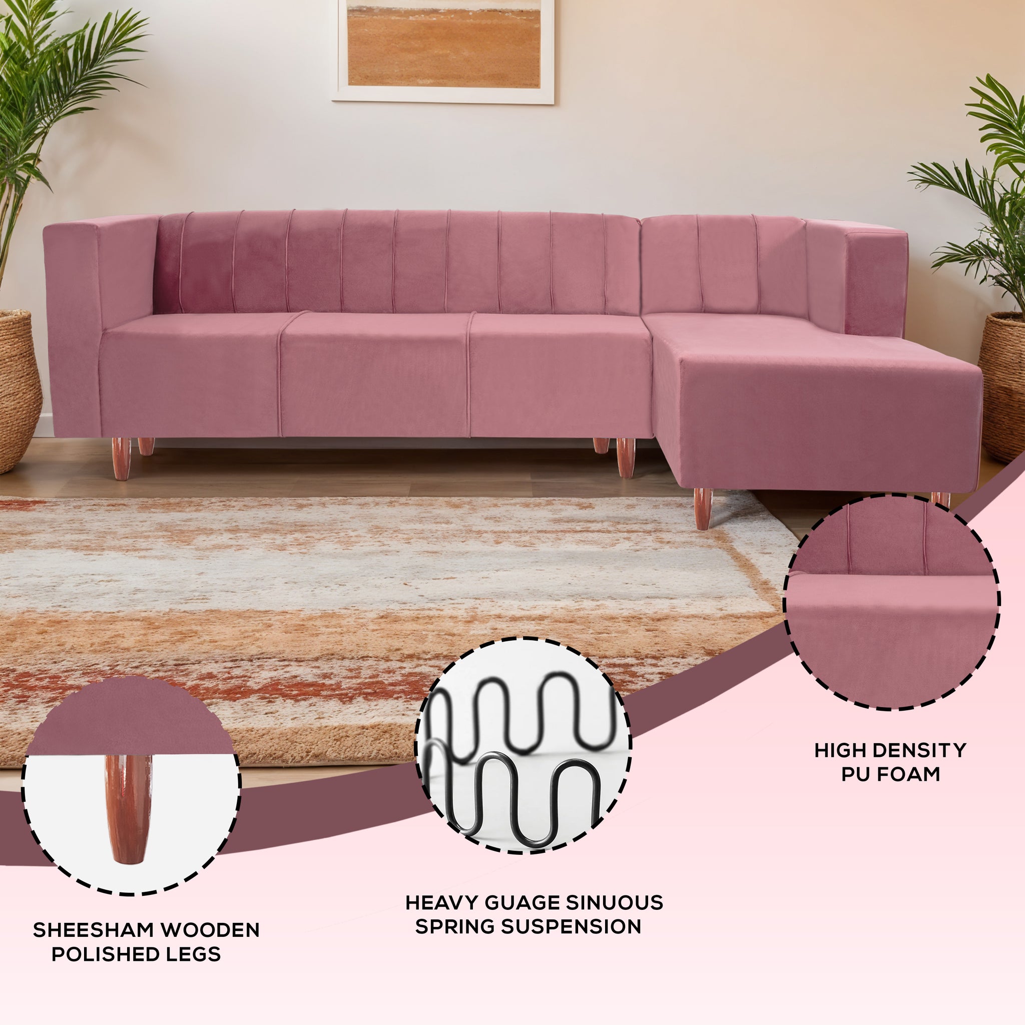 Sydney 6 Seater Sofa right corner- ( Plush Suede Fabric- Peach )