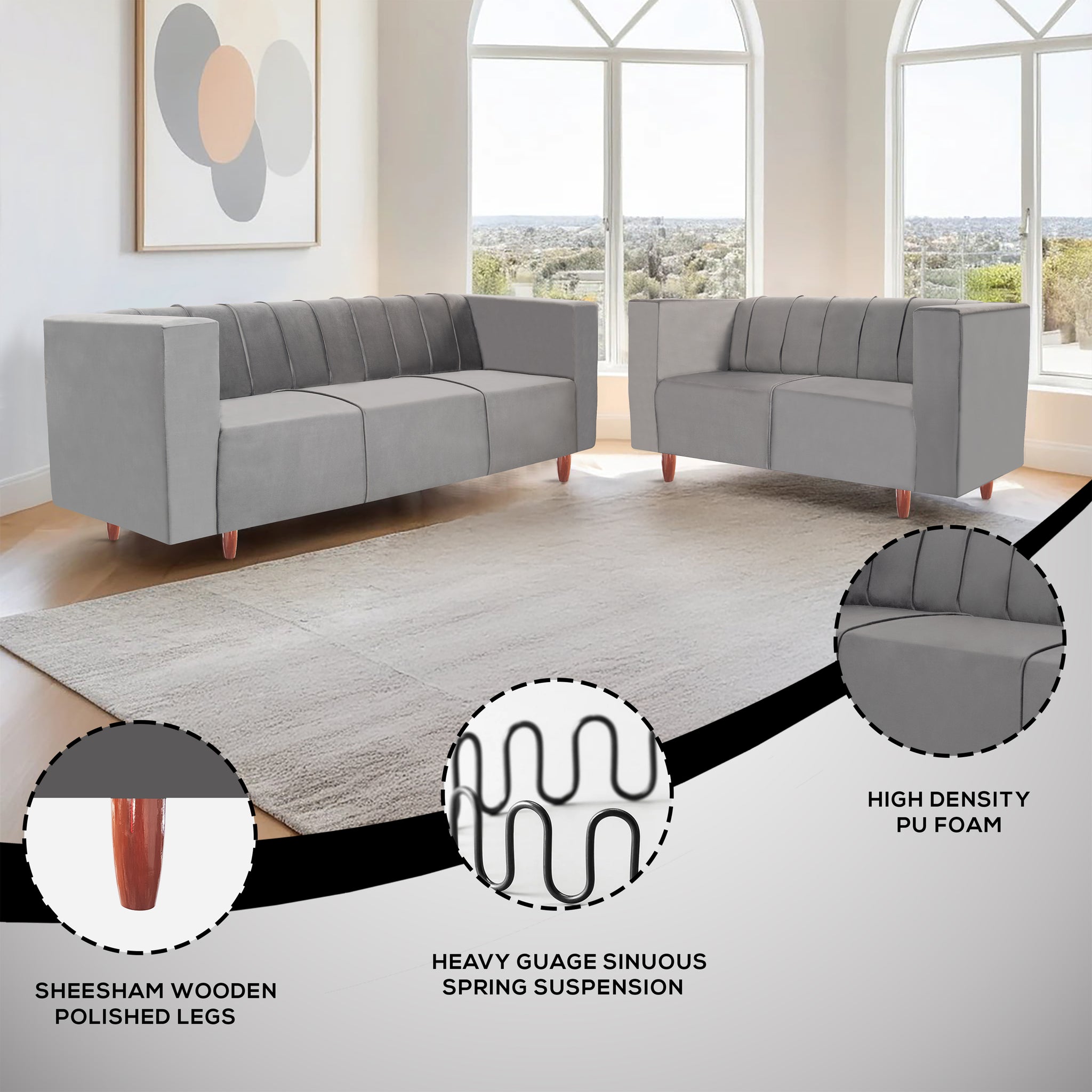 Sydney (3+2) Seater Sofa- ( Premium Holland Fabric- Grey)