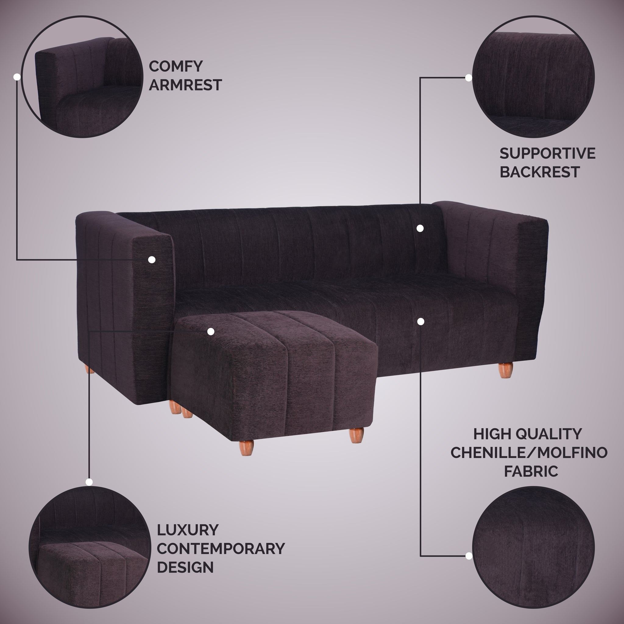 Tokyo 4 Seater Sofa with Ottoman- ( Premium Molfino Fabric- Brown )