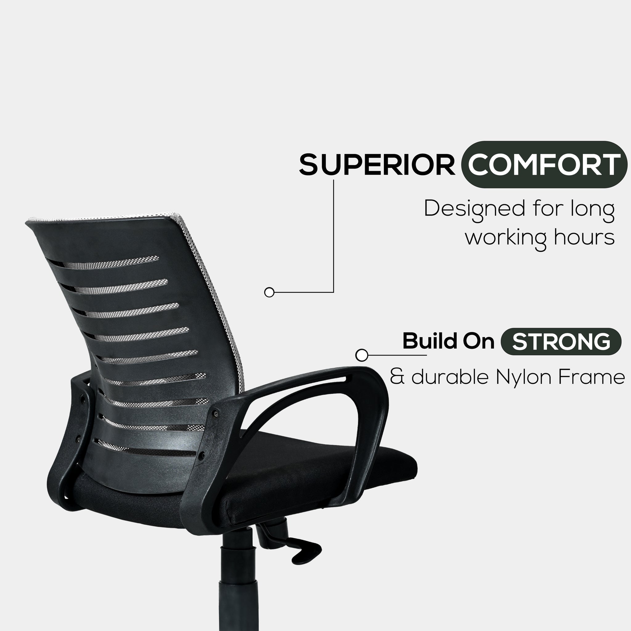 Bolt Mid-Back (Nylon Base) Office Chair – Ergonomic, Durable & Versatile (Grey Mesh)
