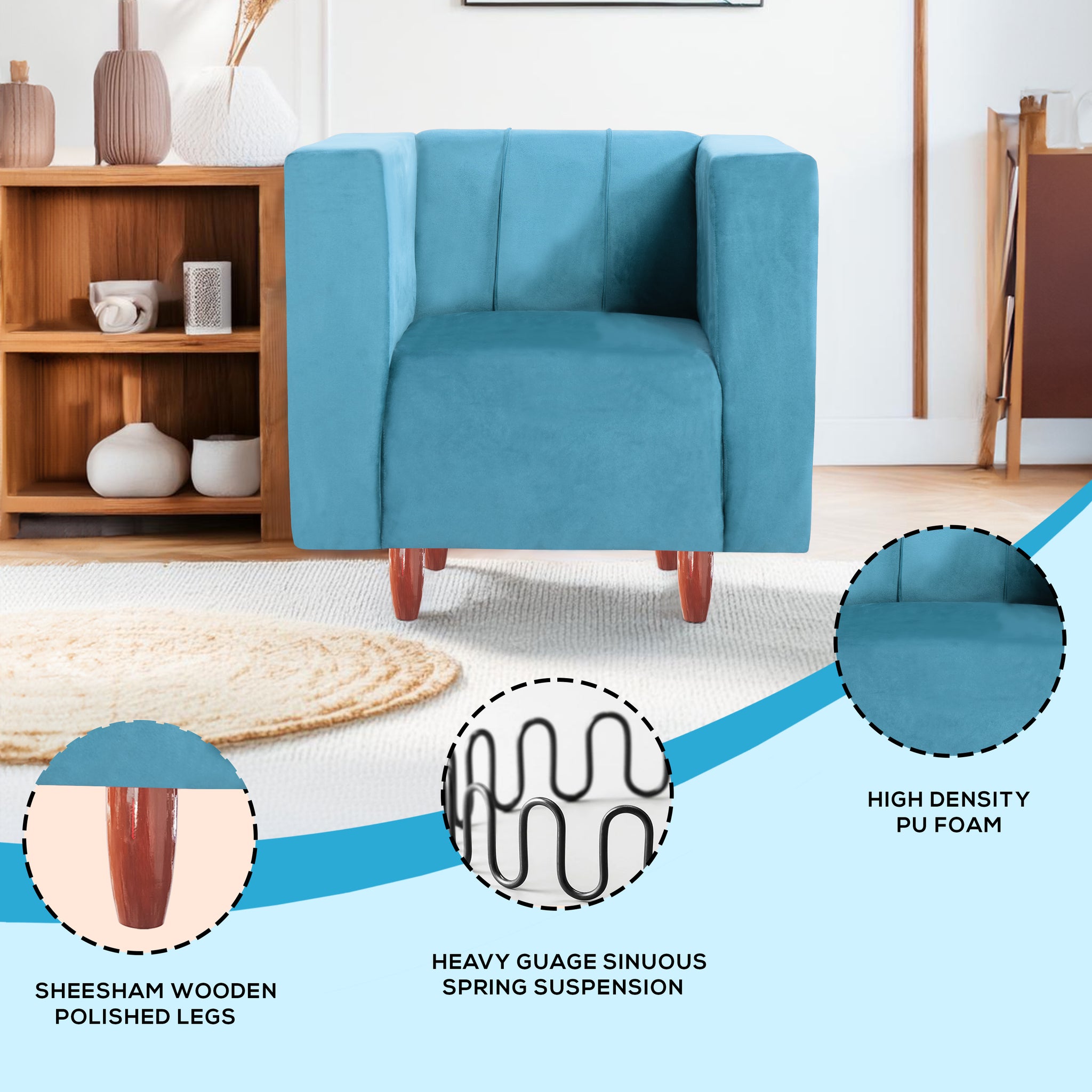 Sydney 1 Seater Sofa- ( Premium Holland Fabric- Sky Blue )