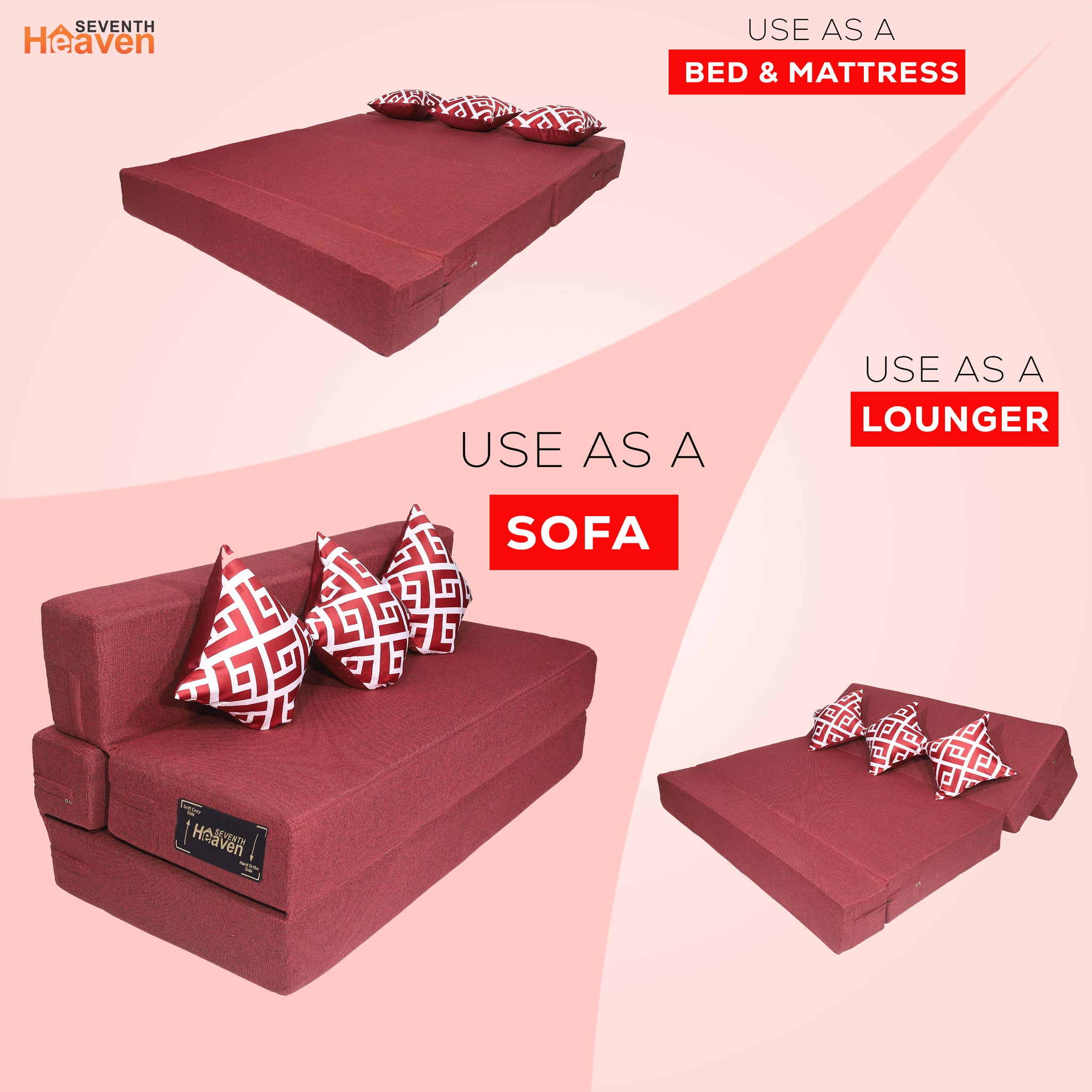 Seventh Heaven 3 Seater 6×5  Premium Jute Fabric Washable Cover Sofa cum Bed 3 Seater Double Foam Fold Out Sofa  Bed With 3 Printed Cushions (Finish Color - Maroon Delivery Condition - Pre-assembled)