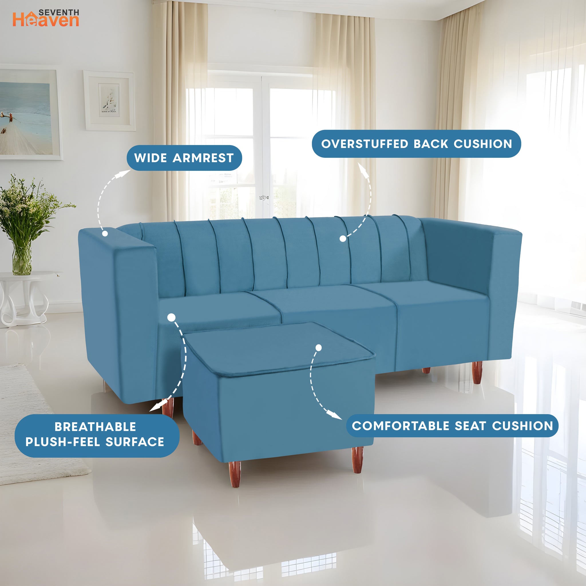 Sydney 4 Seater Sofa with Ottoman- ( Premium Holland Fabric- Sky Blue )