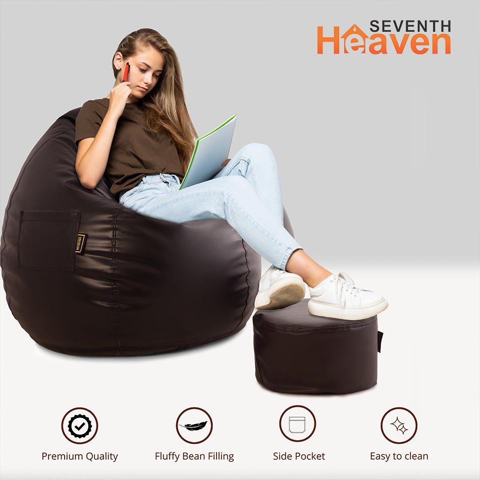 Seventh Heaven 4XL Filled Bean Bag with Cushion and Footrest - Scratch Resistant Premium Leatherite Bean Bag Chair With Bean Filling  (Brown)