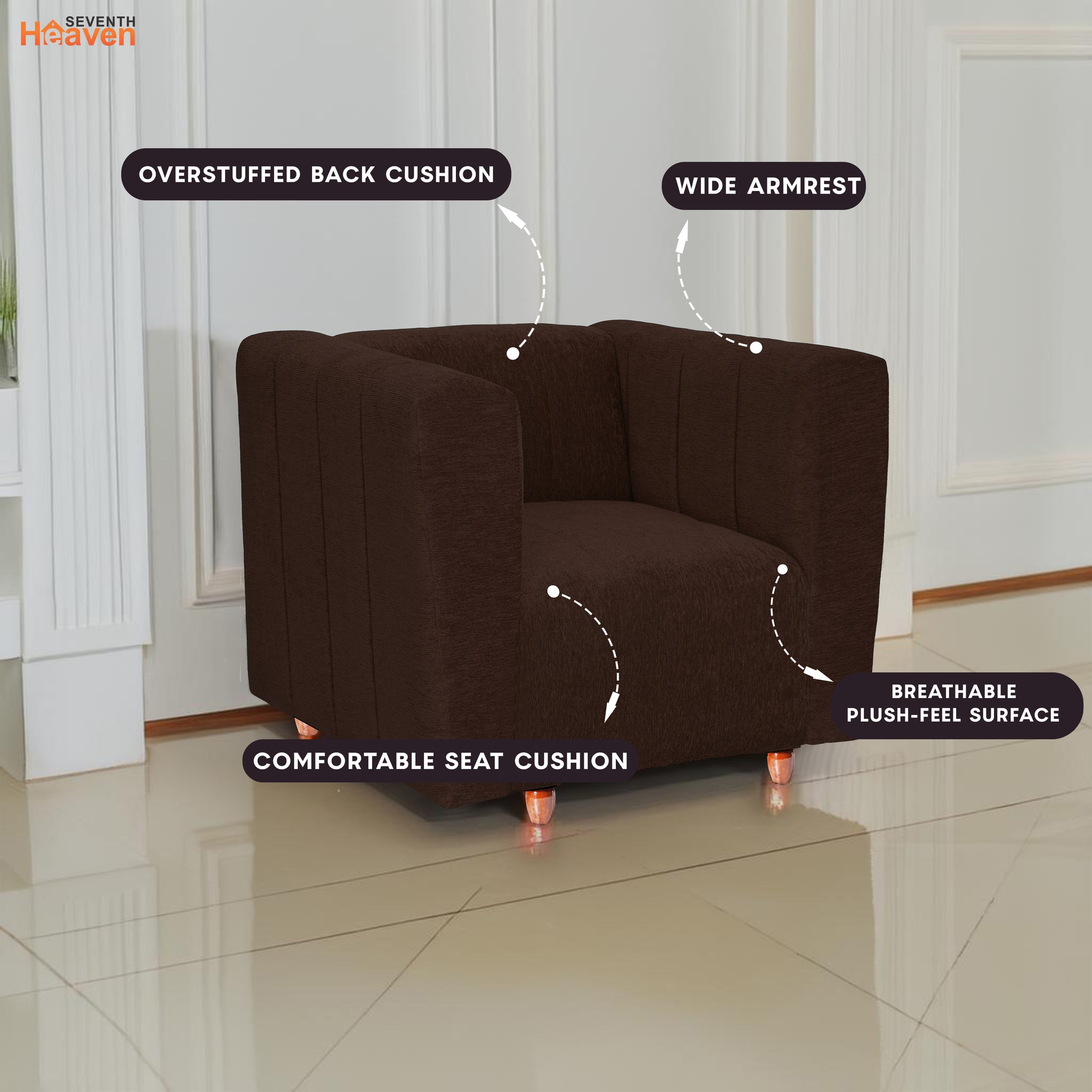 Tokyo 1 Seater Sofa- ( Premium Molfino Fabric- Brown )