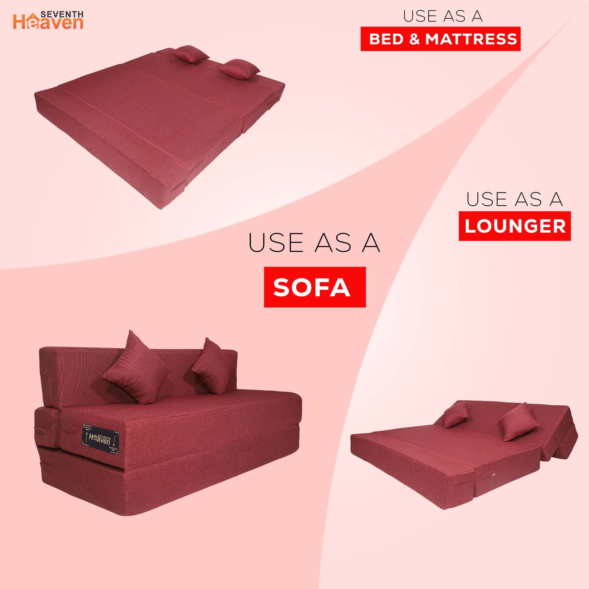 Seventh Heaven 3 Seater 6×5  Premium Jute Fabric Washable Cover Sofa cum Bed 3 Seater Double Foam Fold Out Sofa  Bed With 2 Same Cushions (Finish Color - Maroon Delivery Condition - Pre-assembled)