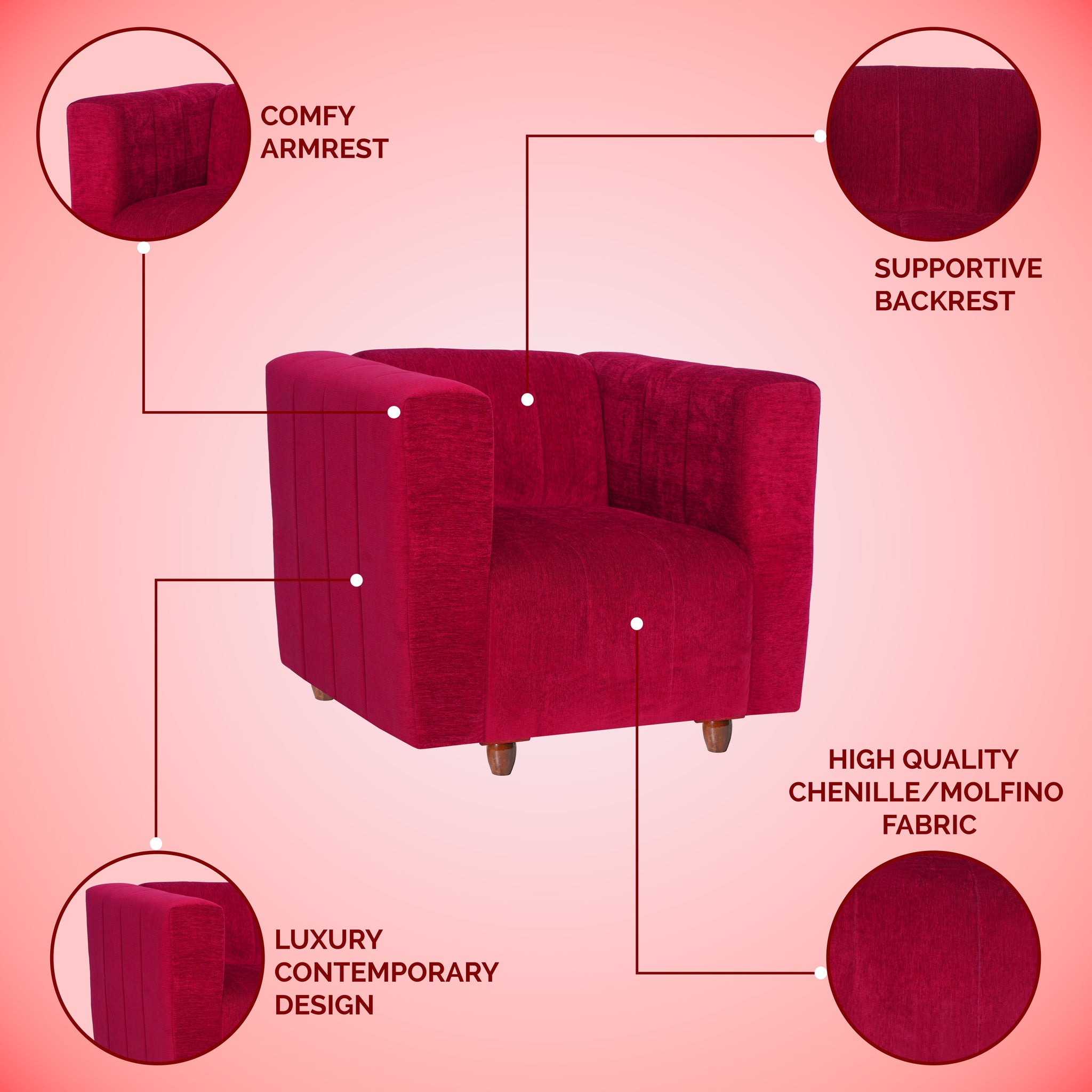 Seventh Heaven Tokyo 1 Seater Sofa, Extra Spacious, Chenille Molfino Fabric: 2 Year Warranty Fabric 1 Seater Sofa Maroon (Finish Color - Maroon, DIY(Do-It-Yourself)