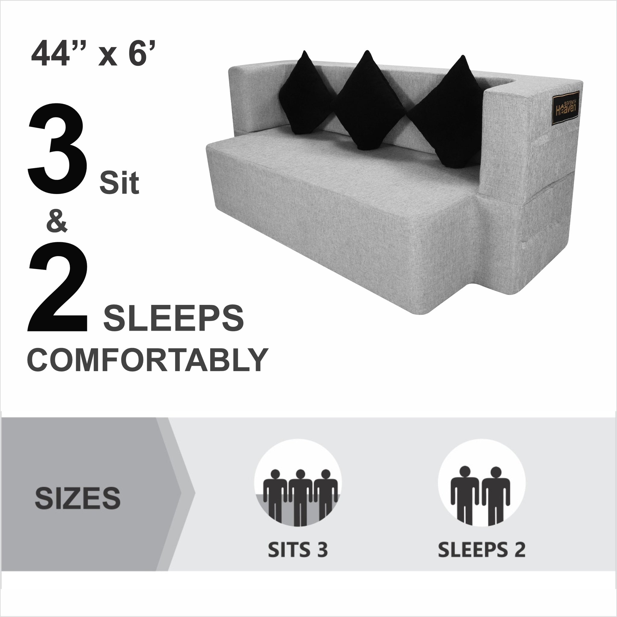 Flipper X Sofa Cum Bed - 3  Seater, Black Cushion ( Jute Fabric, Light Grey )