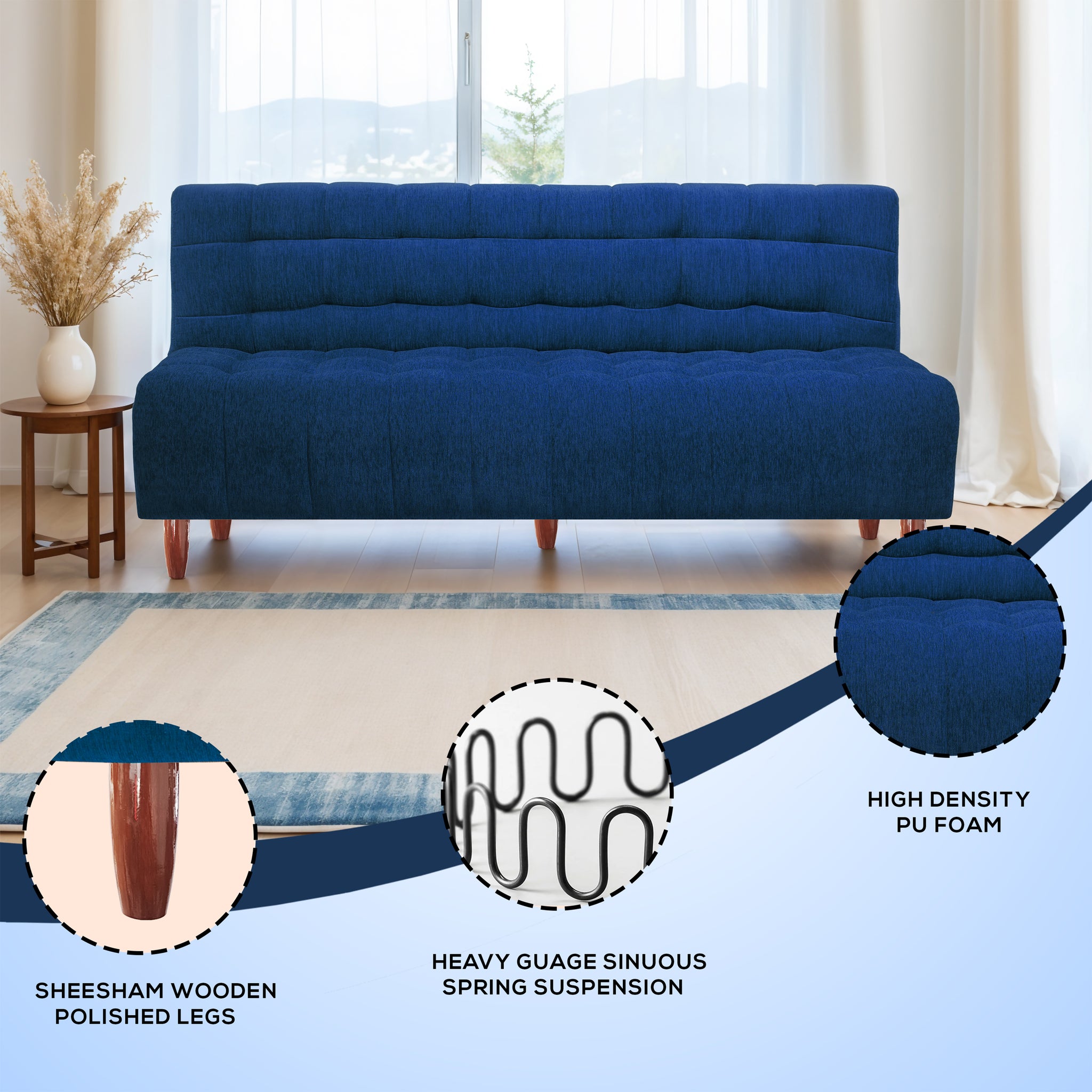 Neo Florida 3 Seater Wooden Sofa Cum Bed - ( Premium Molfino Fabric- Blue )