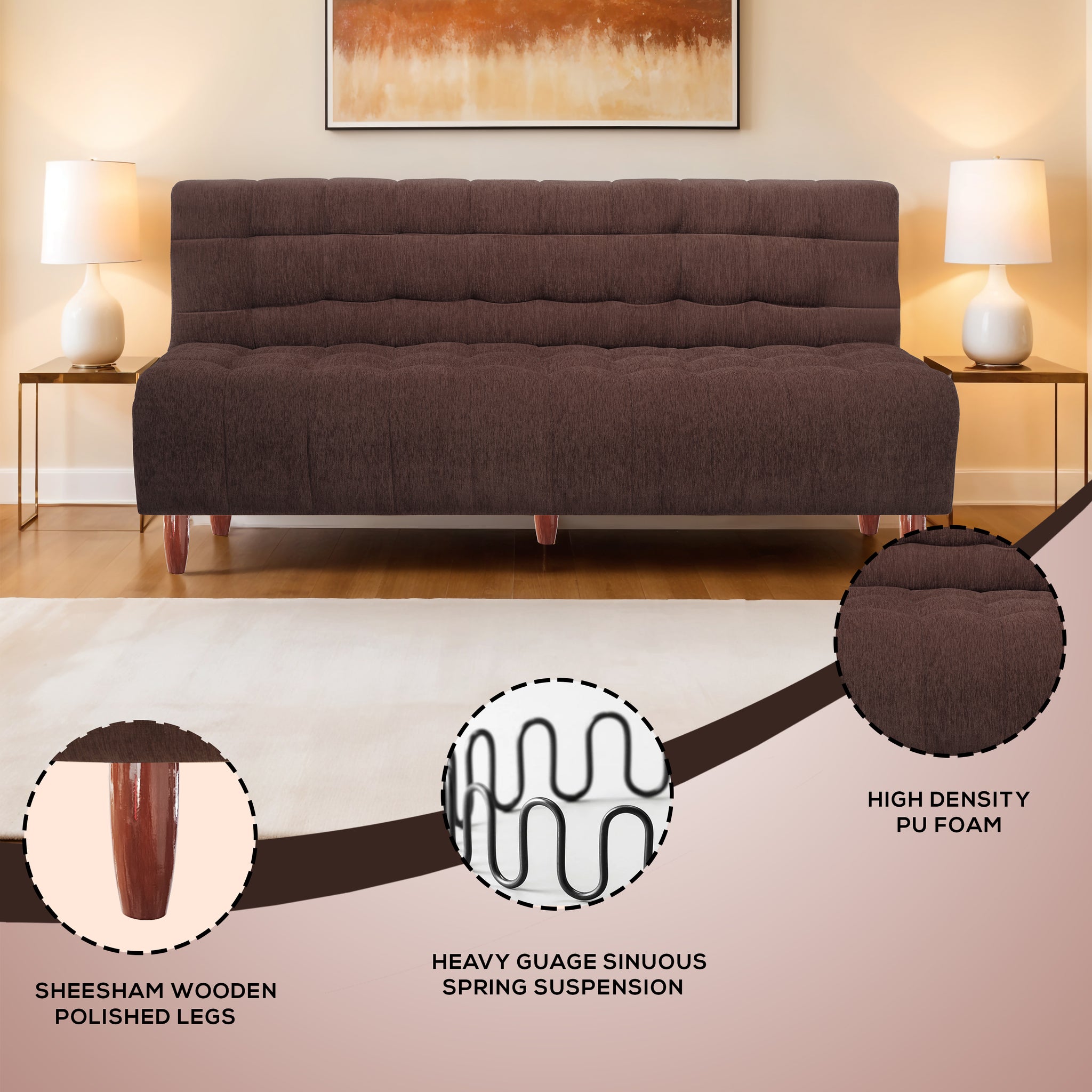 Florida Neo 4 Seater Wooden Sofa Cum Bed - ( Premium Molfino Fabric- Brown )