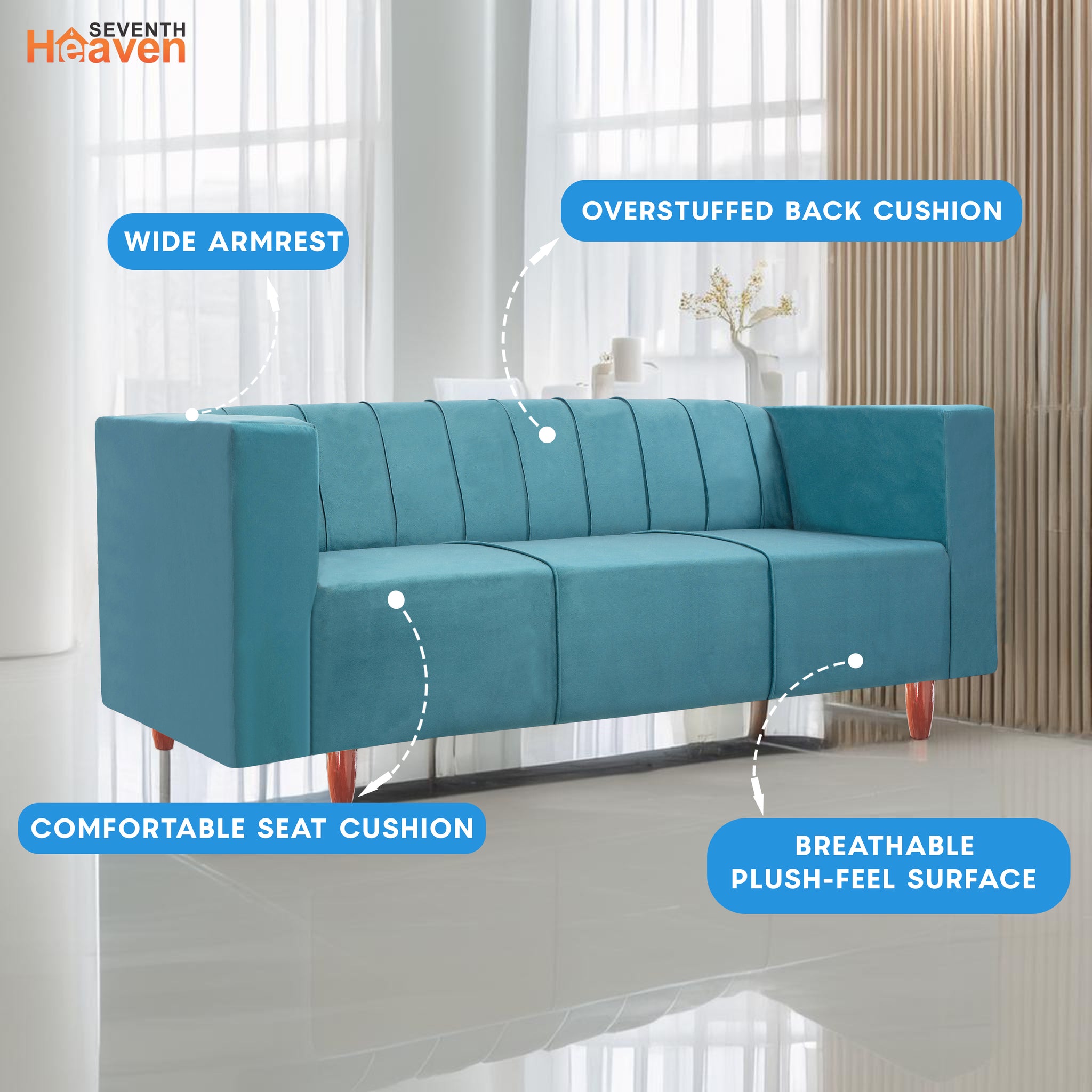 Sydney 3 Seater Sofa- ( Premium Holland Fabric- Sky Blue )