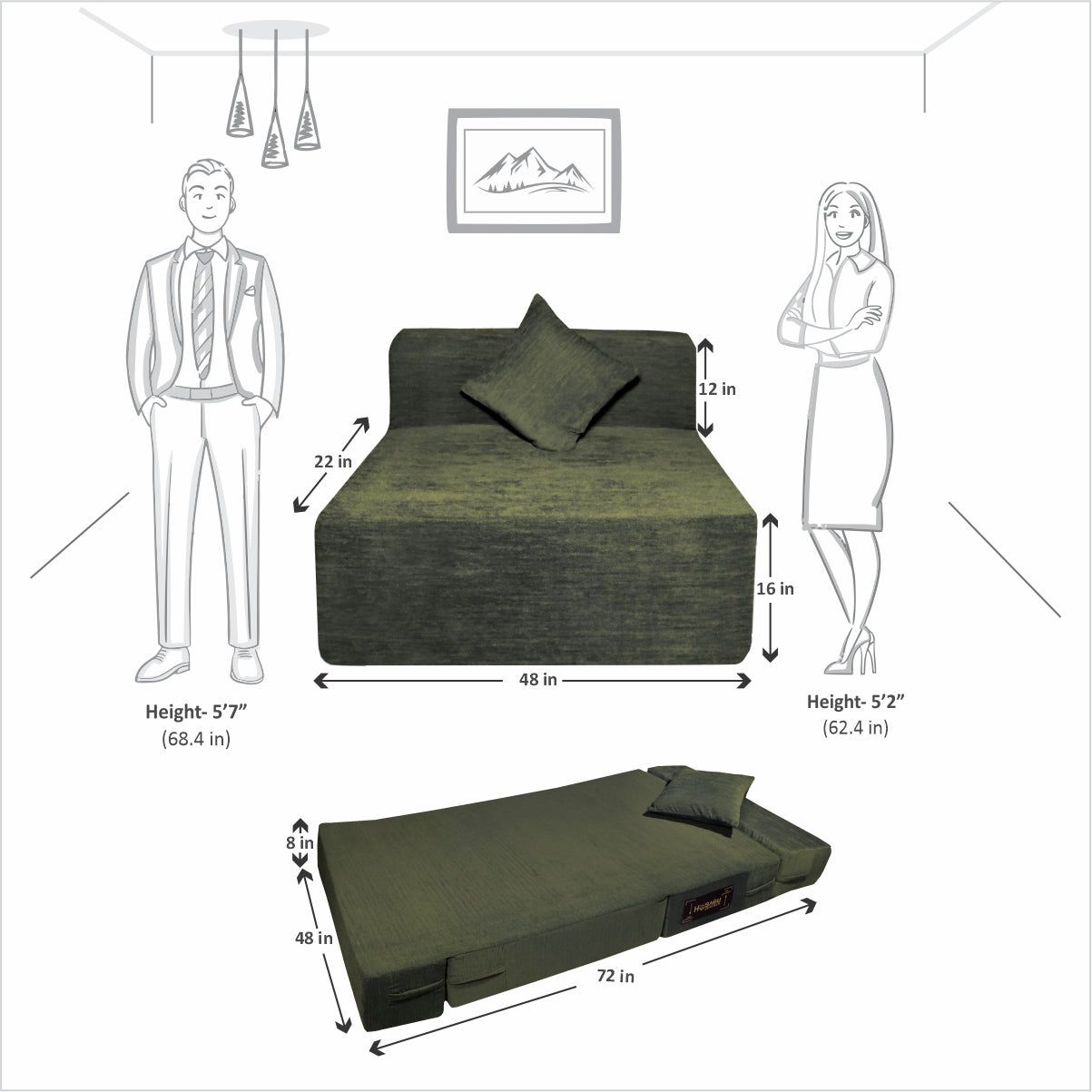 Rejoice Sofa Cum Bed Cover - 1  Seater, Plain Cushion ( Premium Molfino Fabric,  Green )