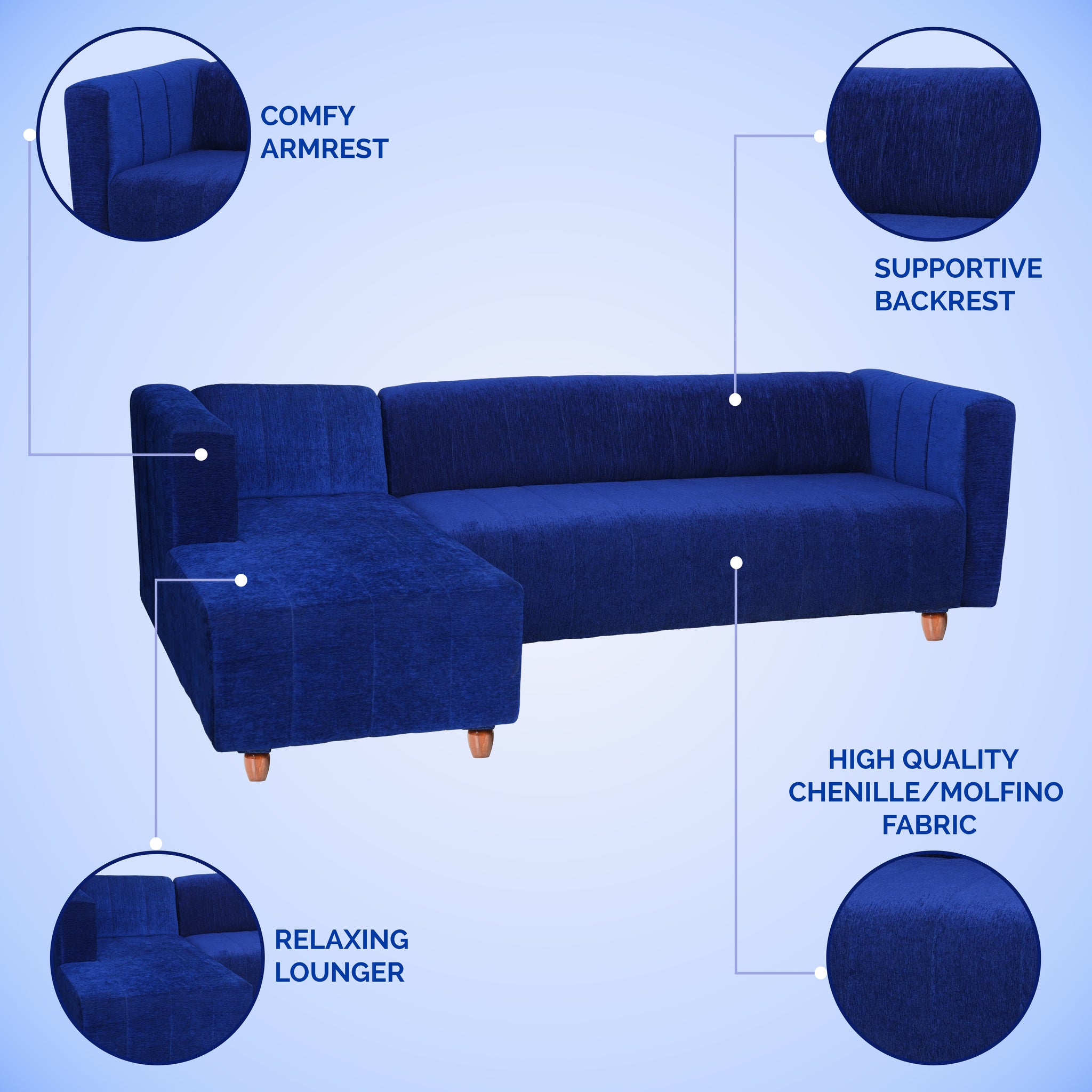 Tokyo 6 Seater Sofa Left Corner- ( Premium Molfino Fabric- Blue )