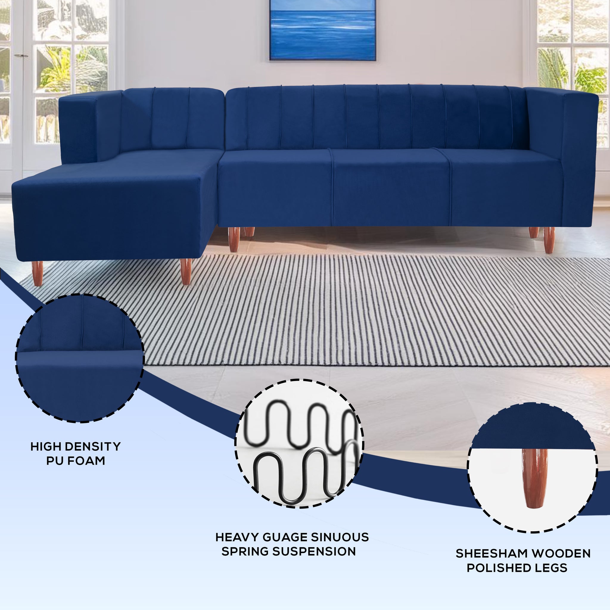 Sydney 6 Seater sofa left corner- ( Plush Suede Fabric- Blue )