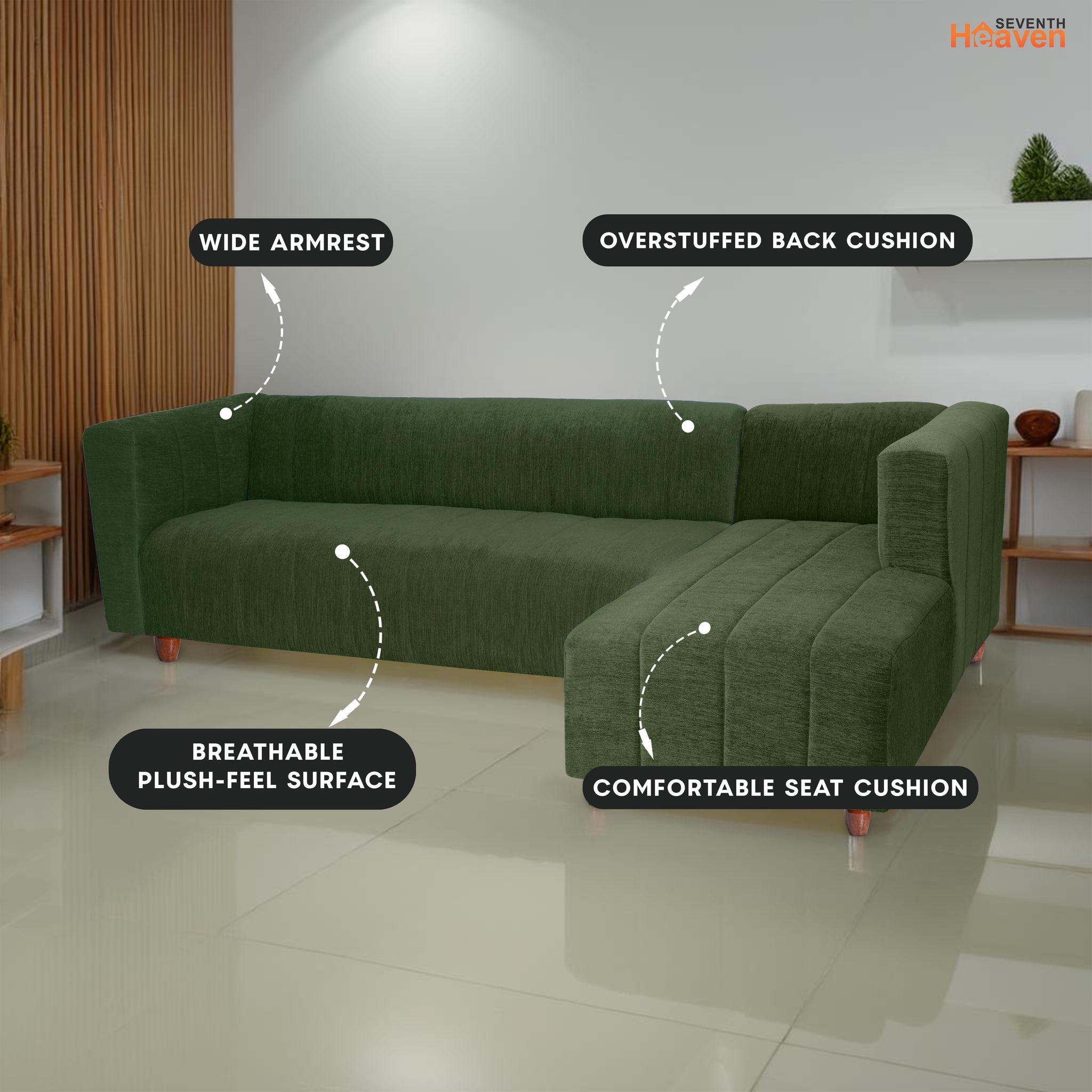 Tokyo 6 Seater Sofa Right Corner- ( Premium Molfino Fabric- Green )