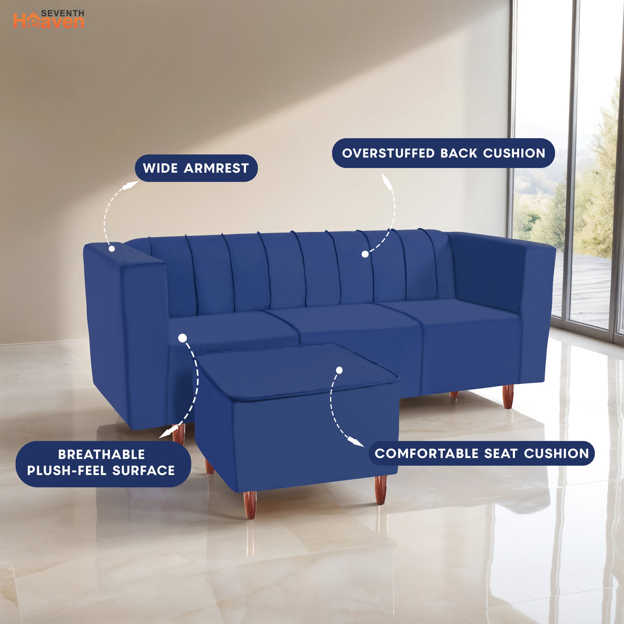 Sydney 4 Seater Sofa with Ottoman- ( Premium Holland Fabric- Blue )