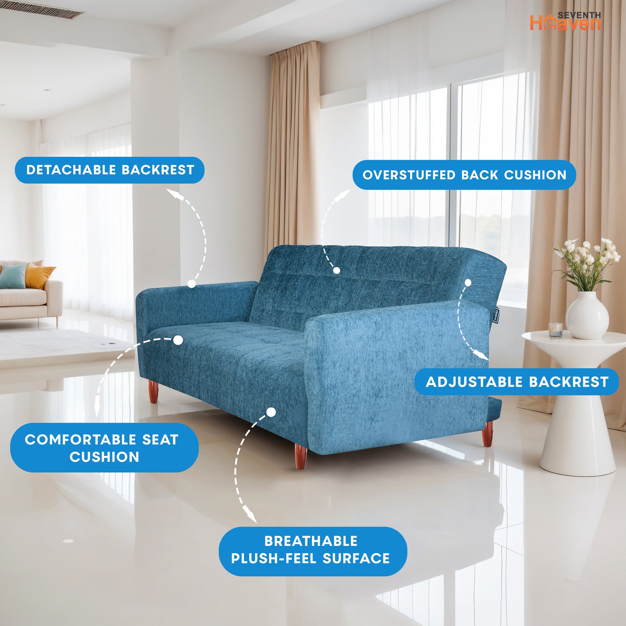 Lisbon 3 Seater Wooden Sofa Cum Bed - ( Premium Molfino Fabric- Sky Blue )