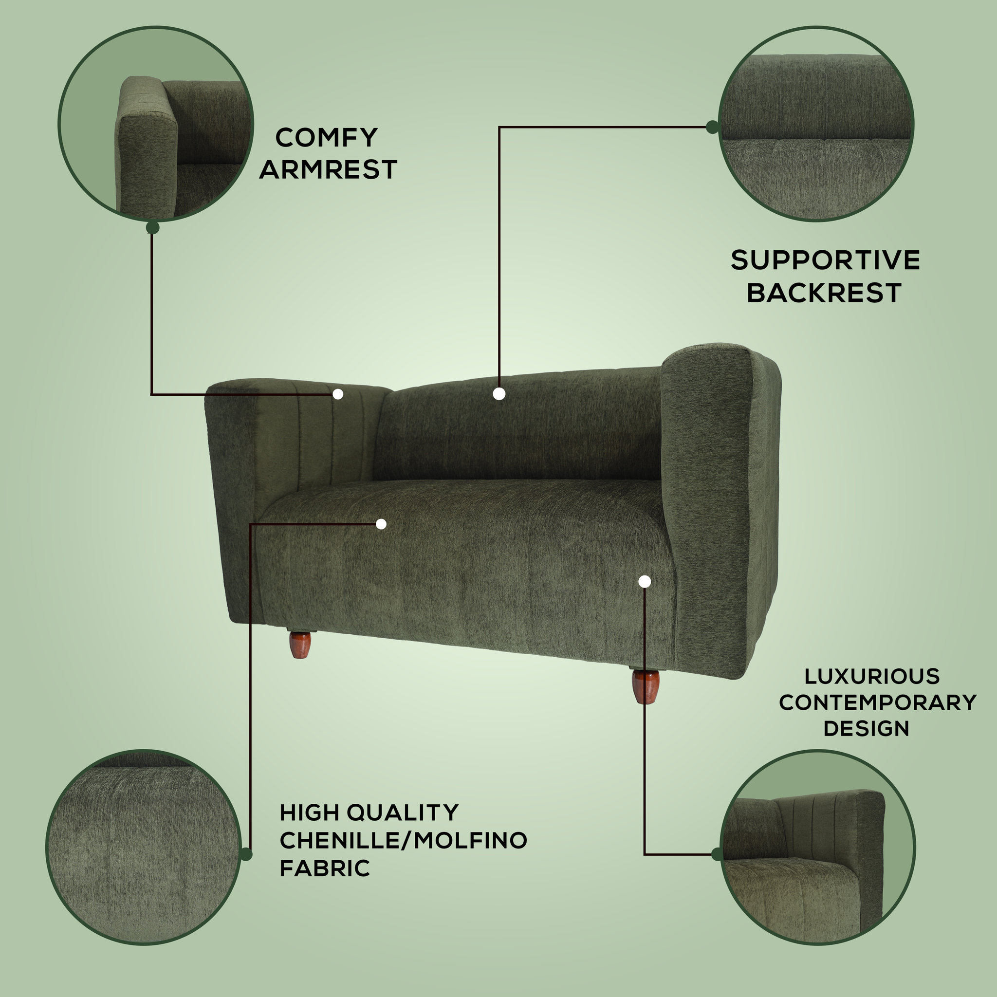 Tokyo 2 Seater Sofa- ( Premium Molfino Fabric- Green )