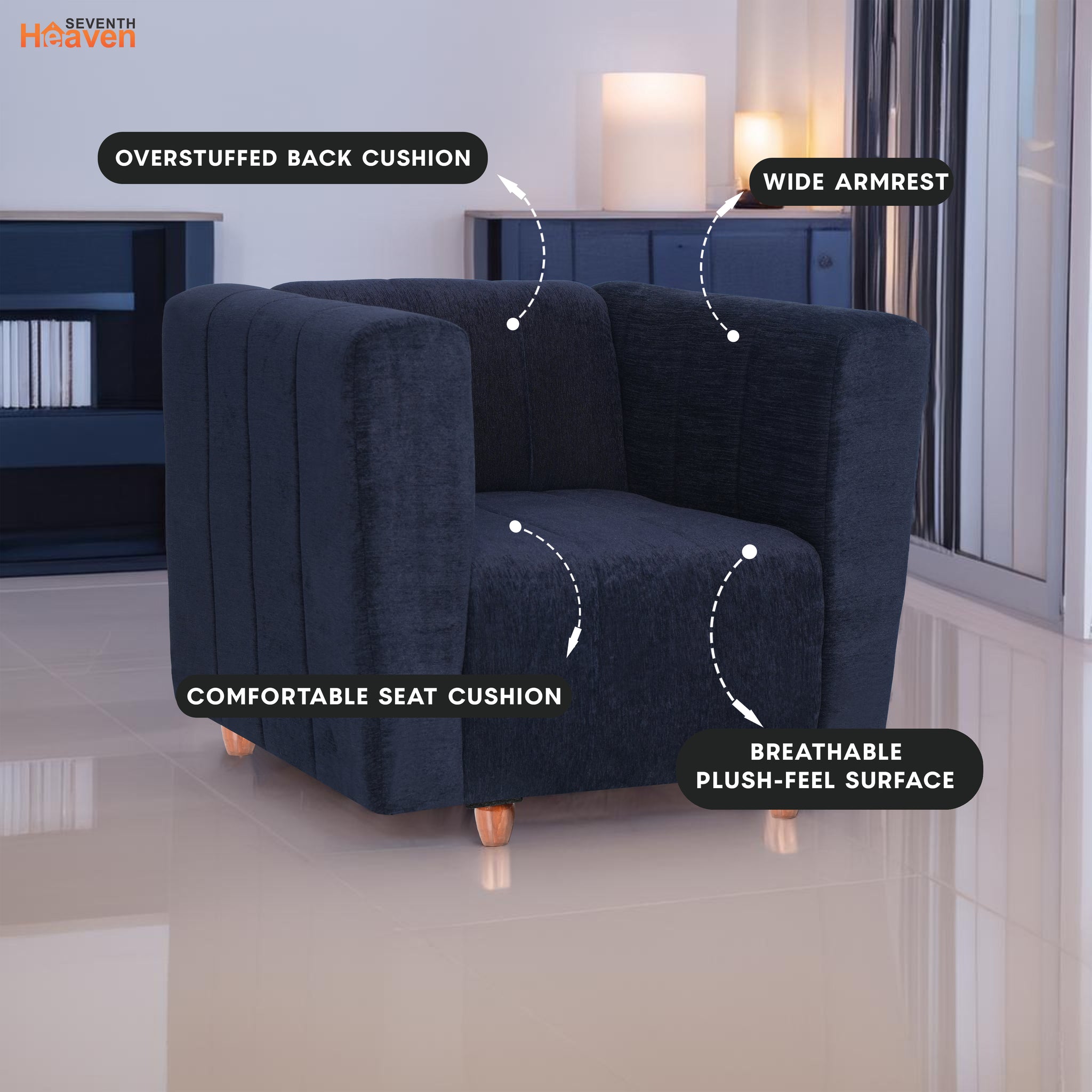 Tokyo 1 Seater Sofa- ( Premium Molfino Fabric- Black )