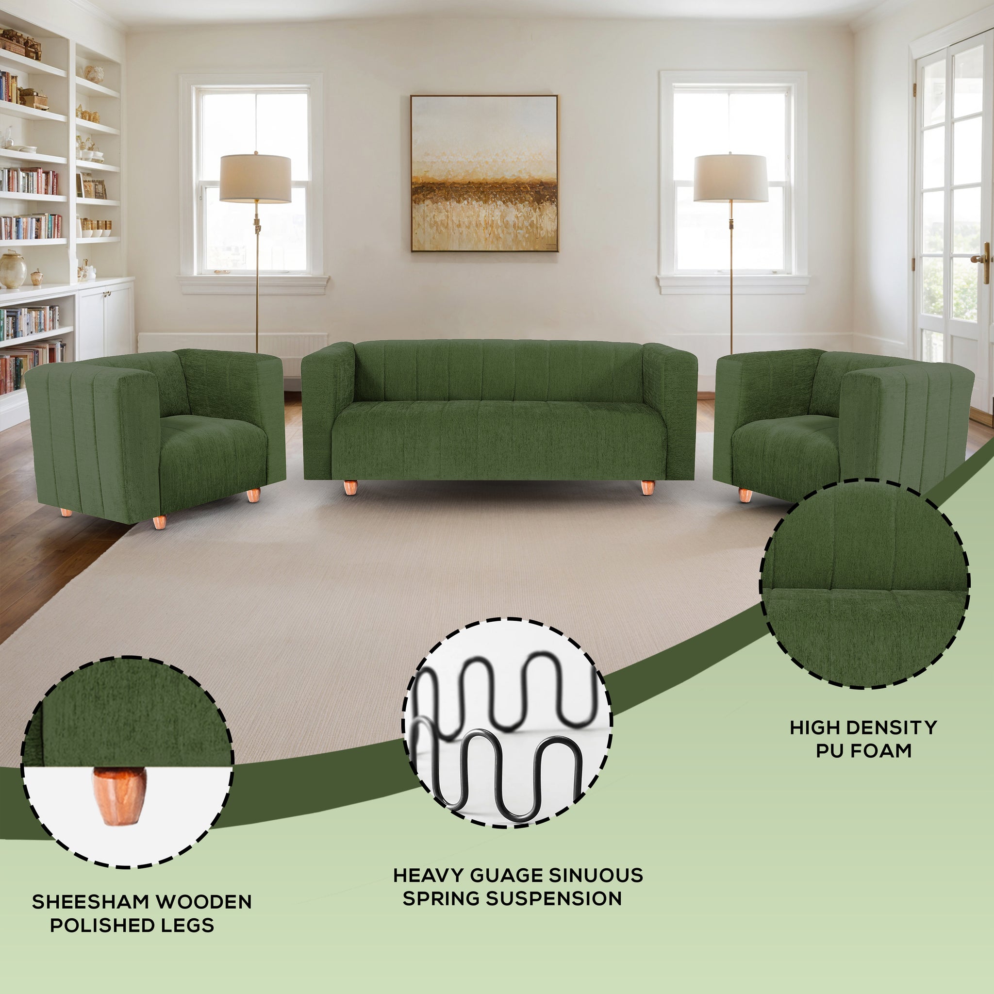 Tokyo 5 Seater Sofa- (3+1+1) ( Premium Molfino Fabric - Green)