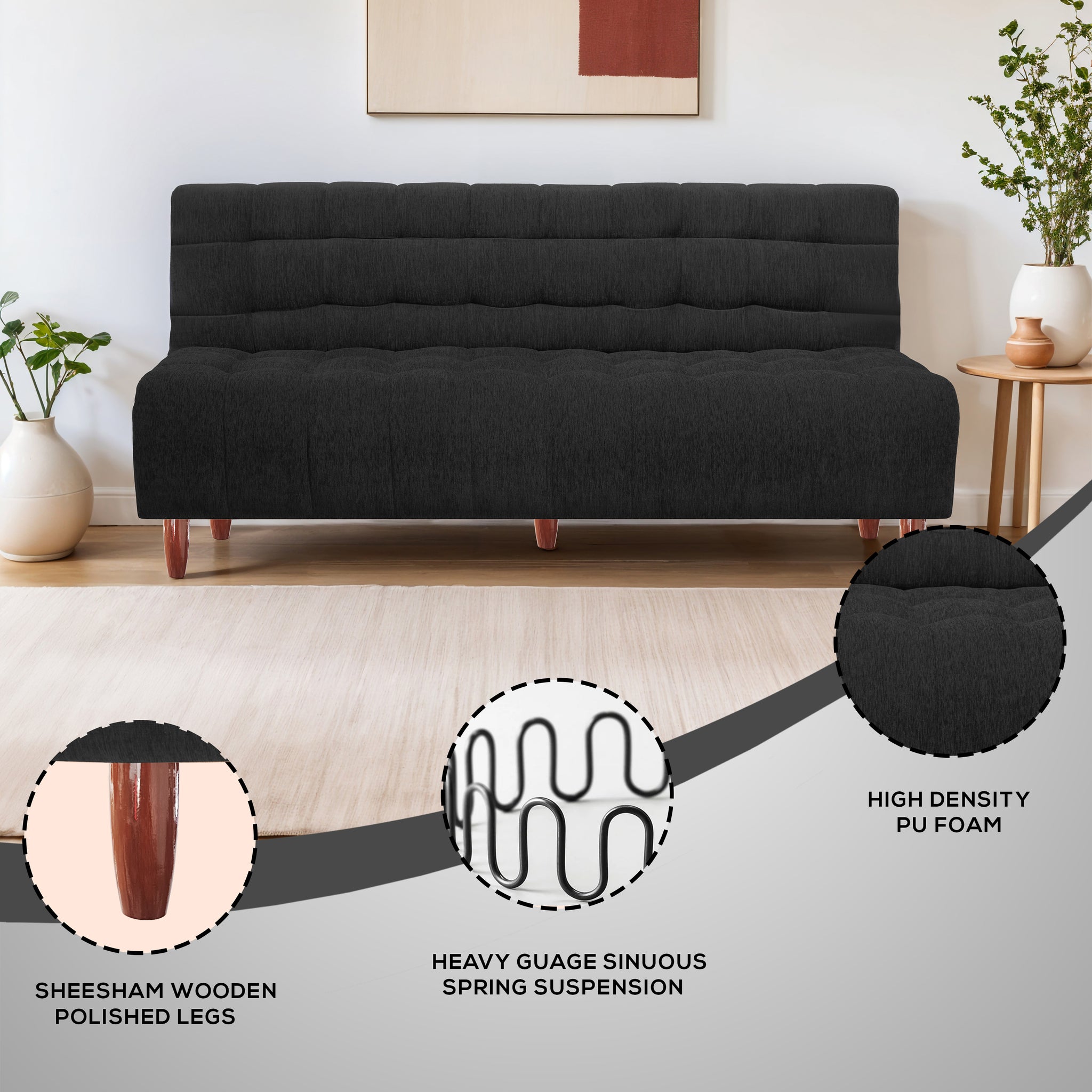Florida Neo 3 Seater Wooden Sofa Cum Bed - ( Premium Molfino Fabric- Black )