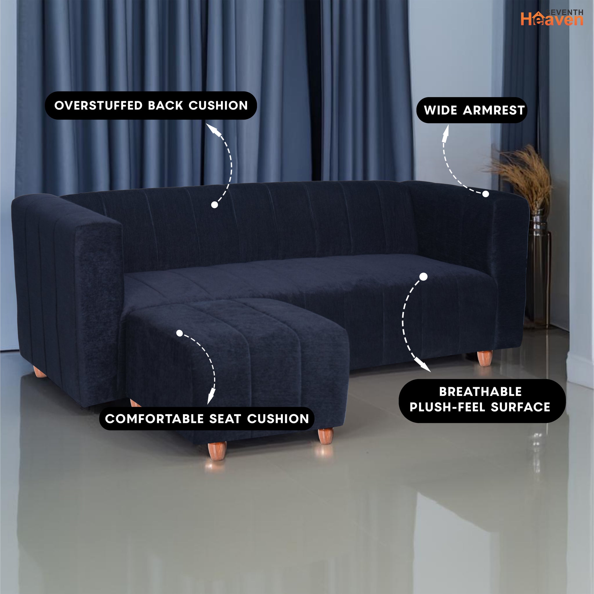 Tokyo 4 Seater Sofa with Ottoman- ( Premium Molfino Fabric- Black )