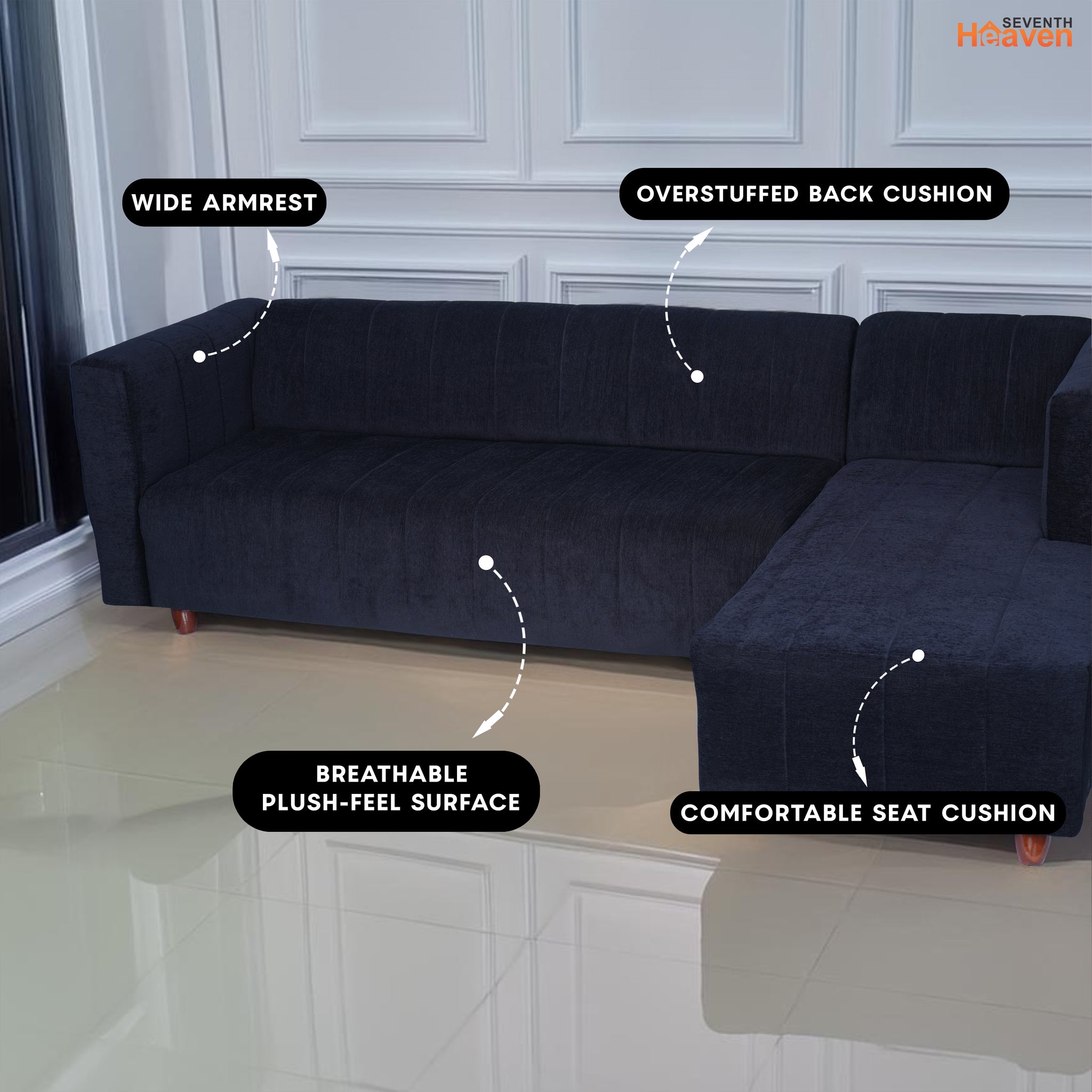 Tokyo 6 Seater Sofa Right Corner- ( Premium Molfino Fabric- Black )