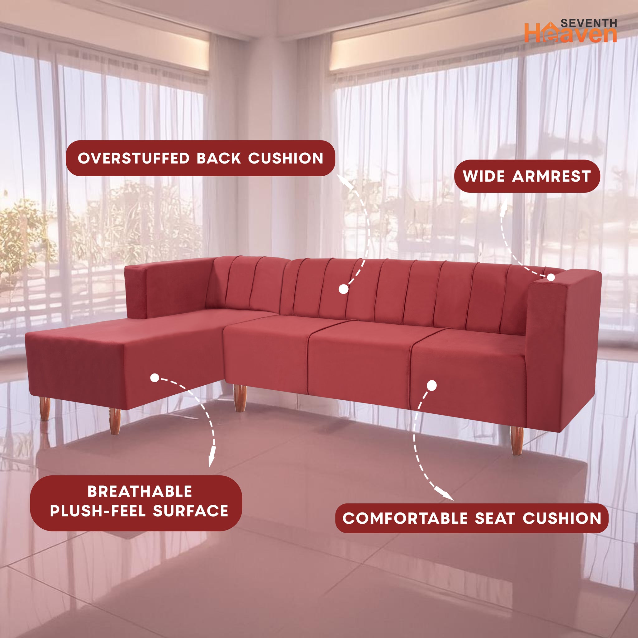 Sydney 6 Seater sofa left corner- ( Plush Suede Fabric- Maroon )