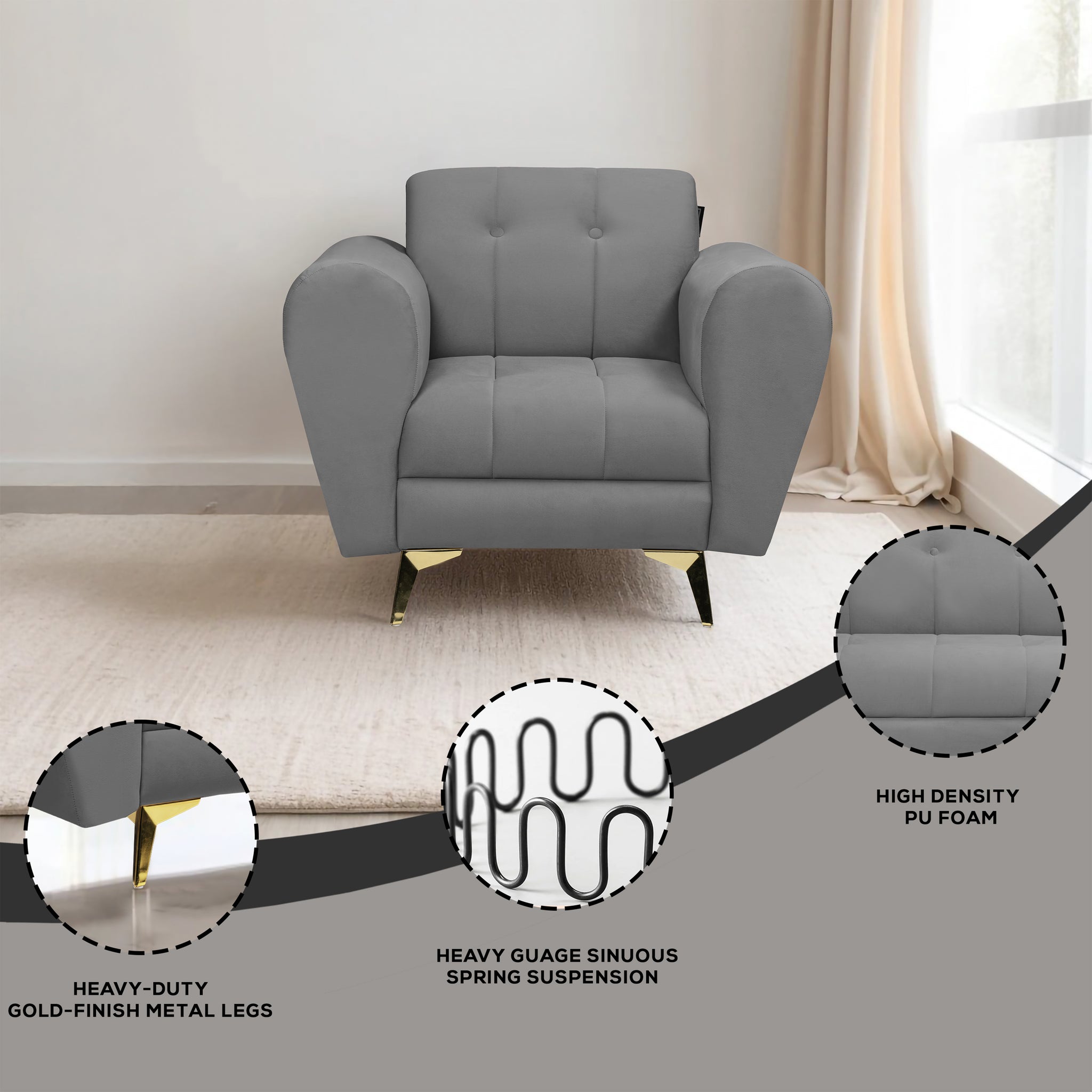 Milan Icon 1 Seater Sofa- ( Plush Suede Fabric- Grey )