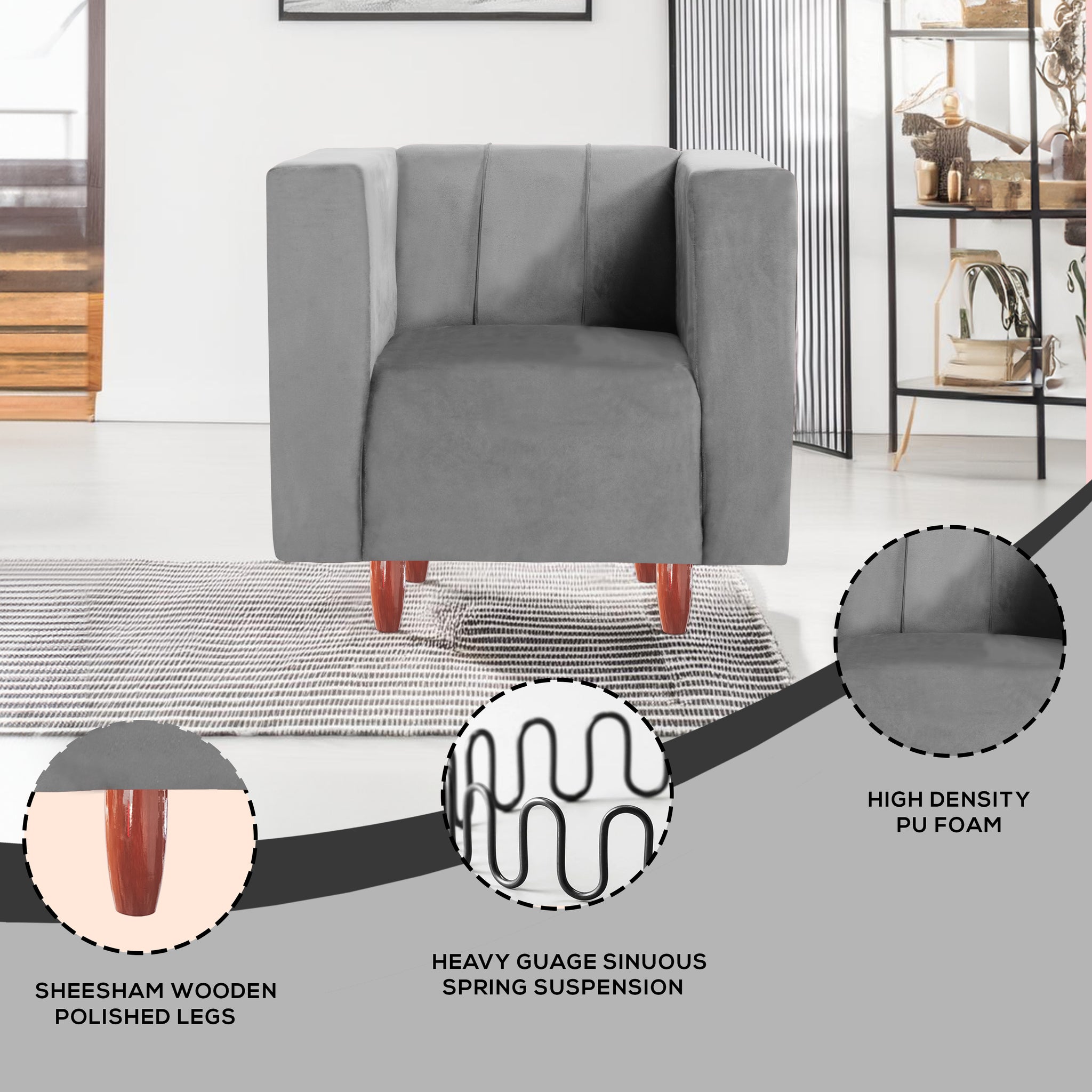 Sydney 1 Seater Sofa- ( Premium Holland Fabric- Grey )