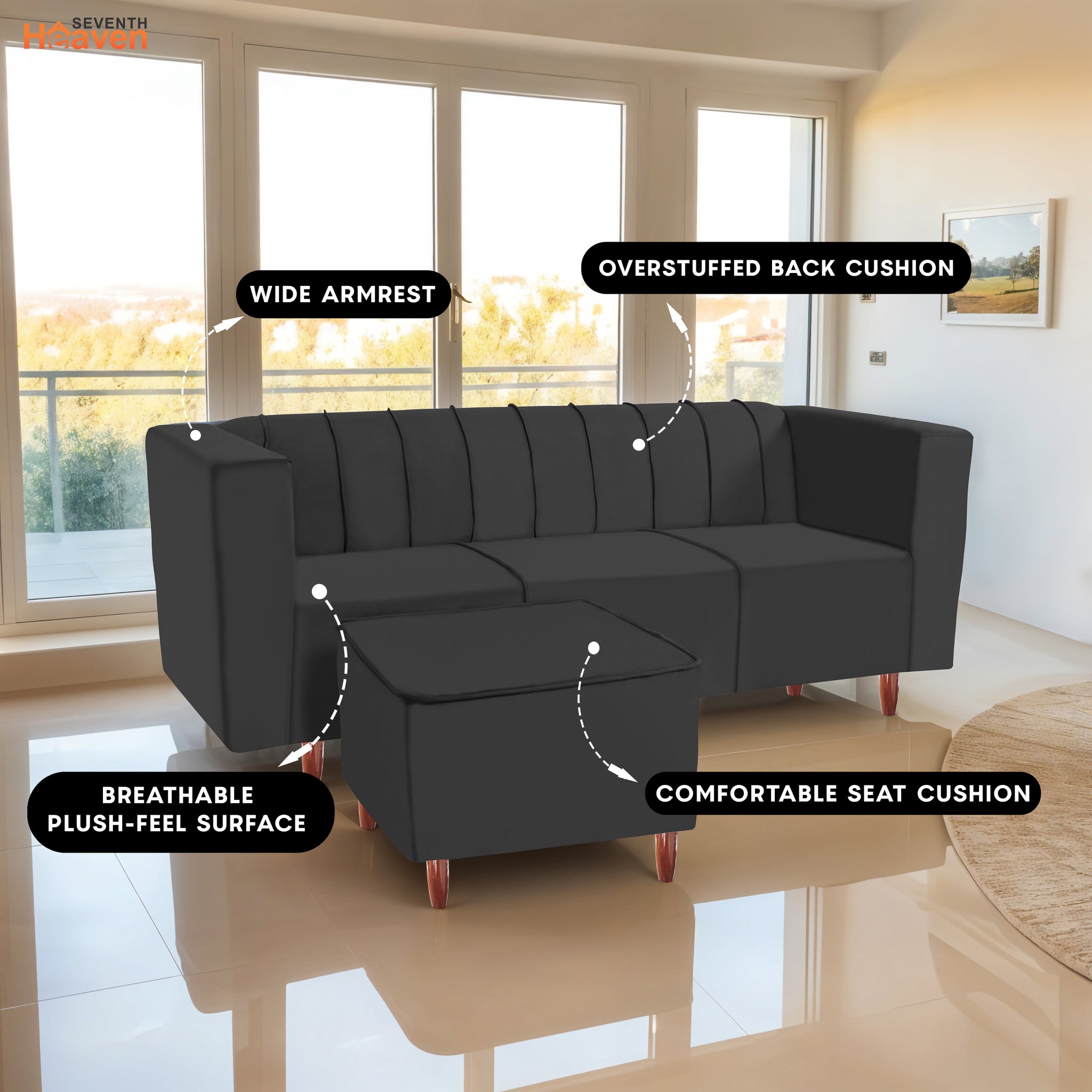 Sydney 4 Seater Sofa with Ottoman- ( Premium Holland Fabric- Black )