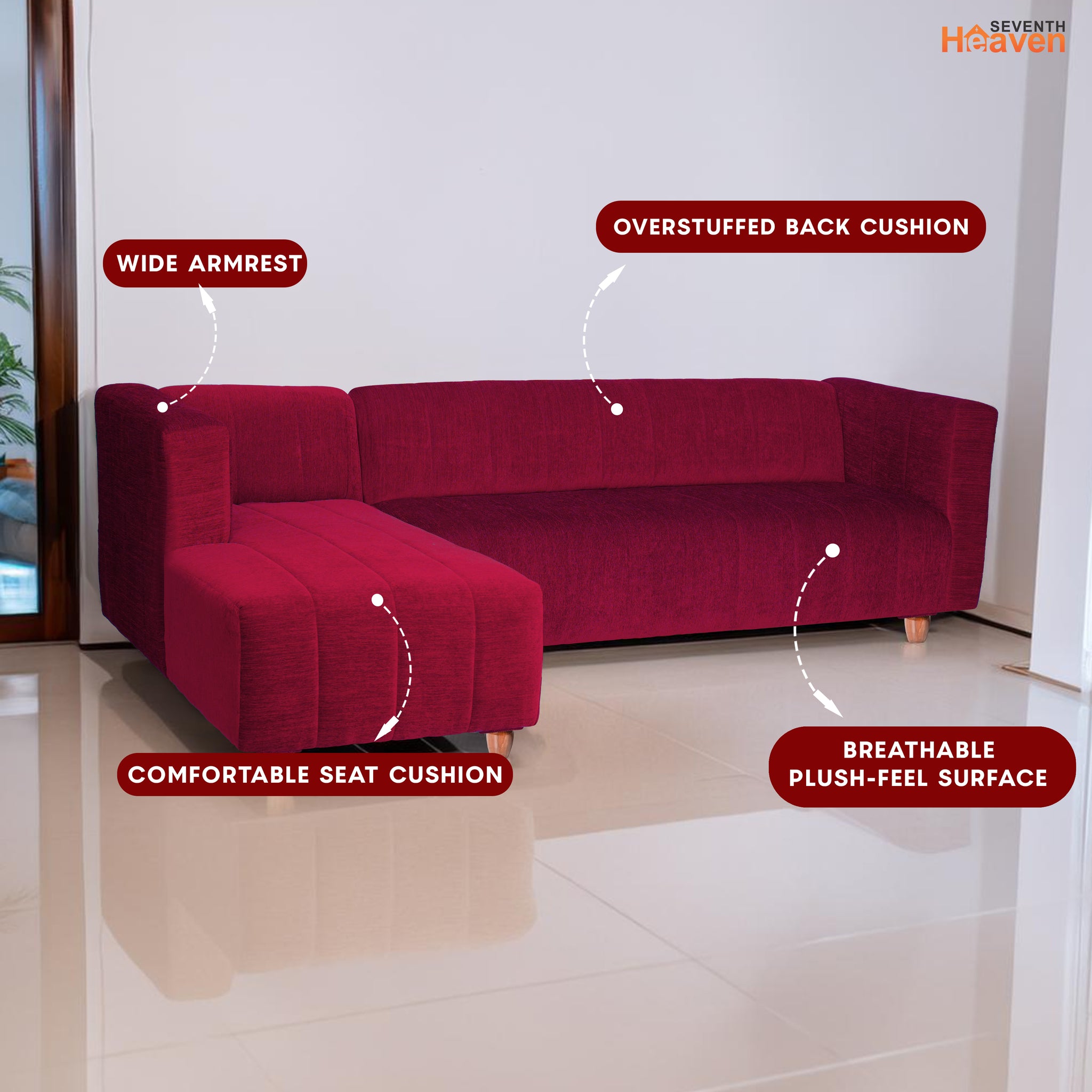 Tokyo 6 Seater Sofa Left Corner- ( Premium Molfino Fabric- Maroon )