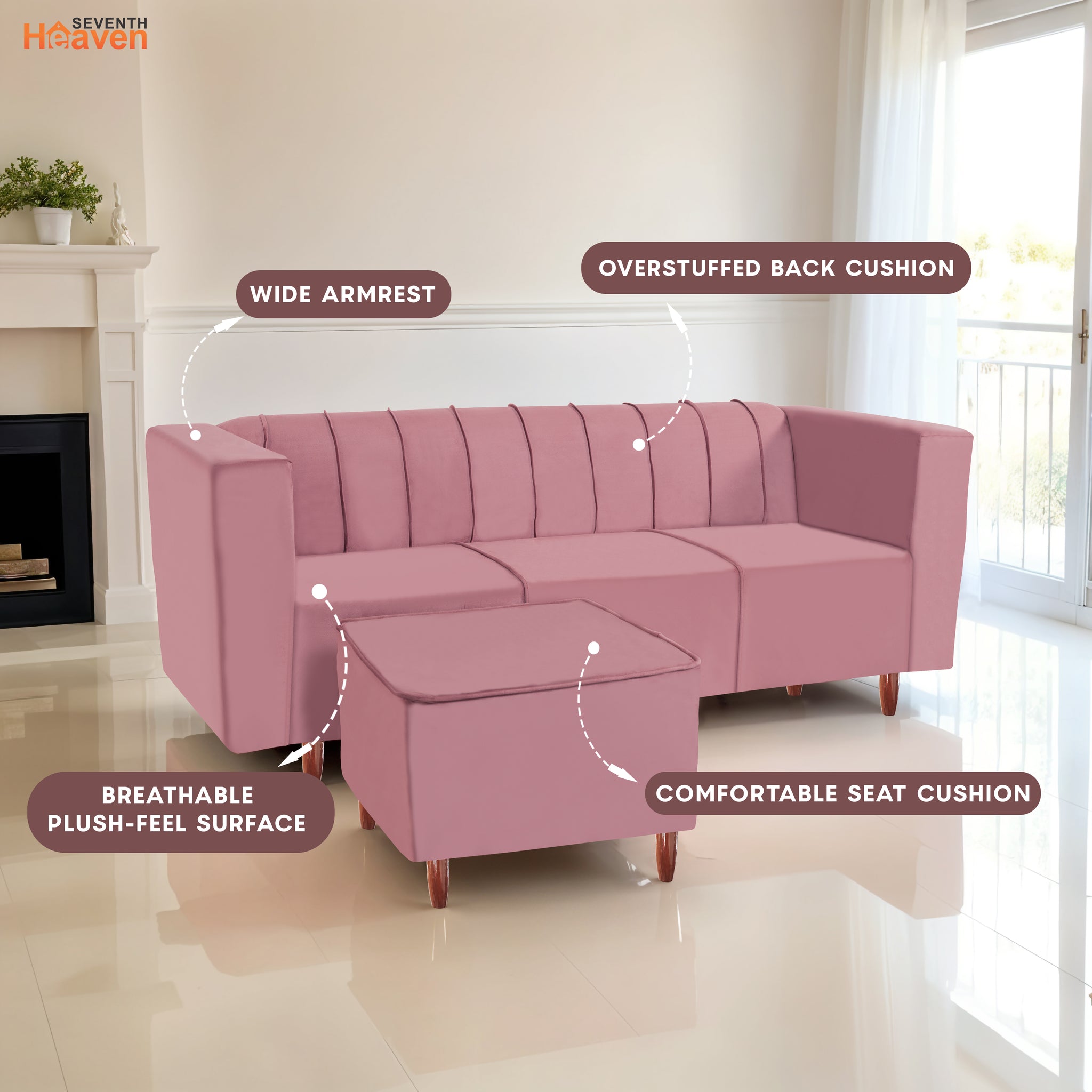 Sydney 4 Seater Sofa with Ottoman- ( Premium Holland Fabric- Peach )