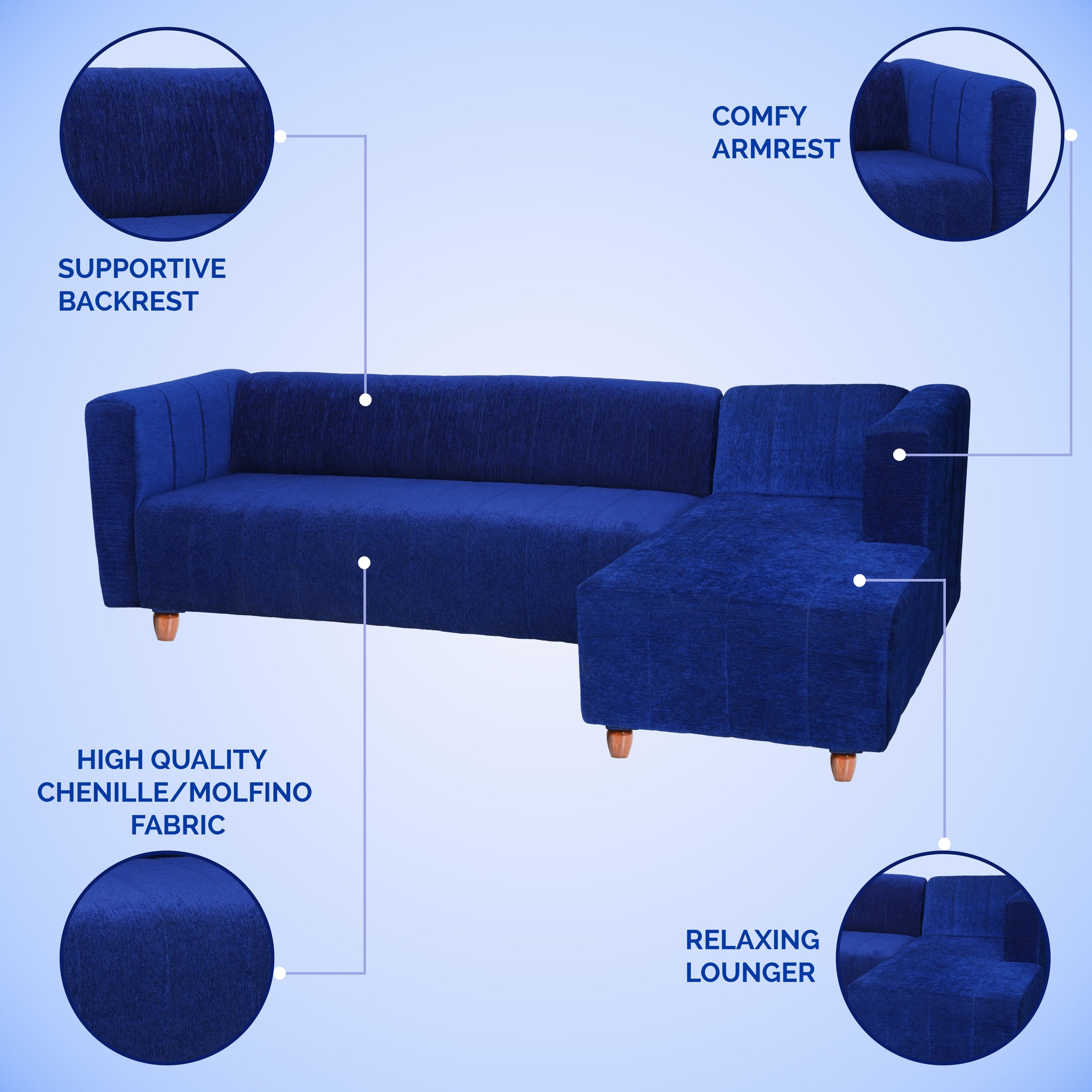 Tokyo 6 Seater Sofa Right Corner- ( Premium Molfino Fabric- Blue )
