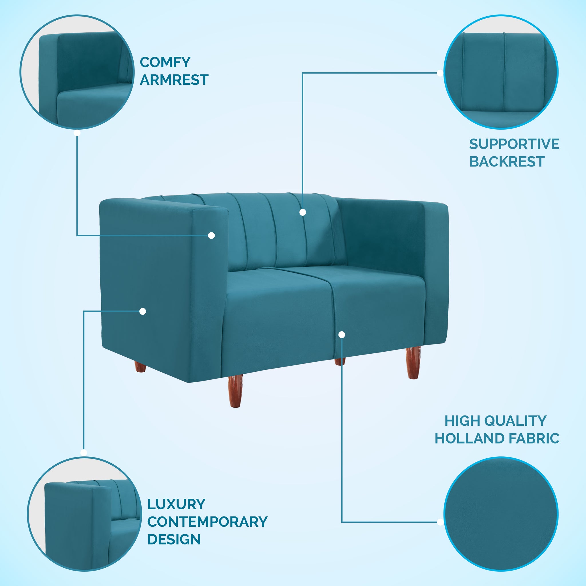 Sydney 2 Seater Sofa- ( Premium Holland Fabric- Sky Blue )
