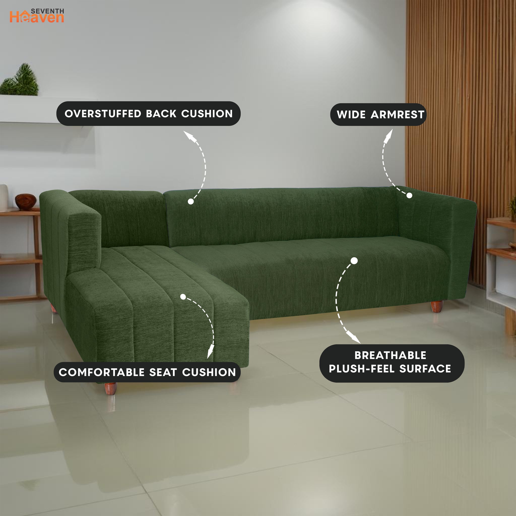 Tokyo 6 Seater Sofa Left Corner- ( Premium Molfino Fabric- Green )