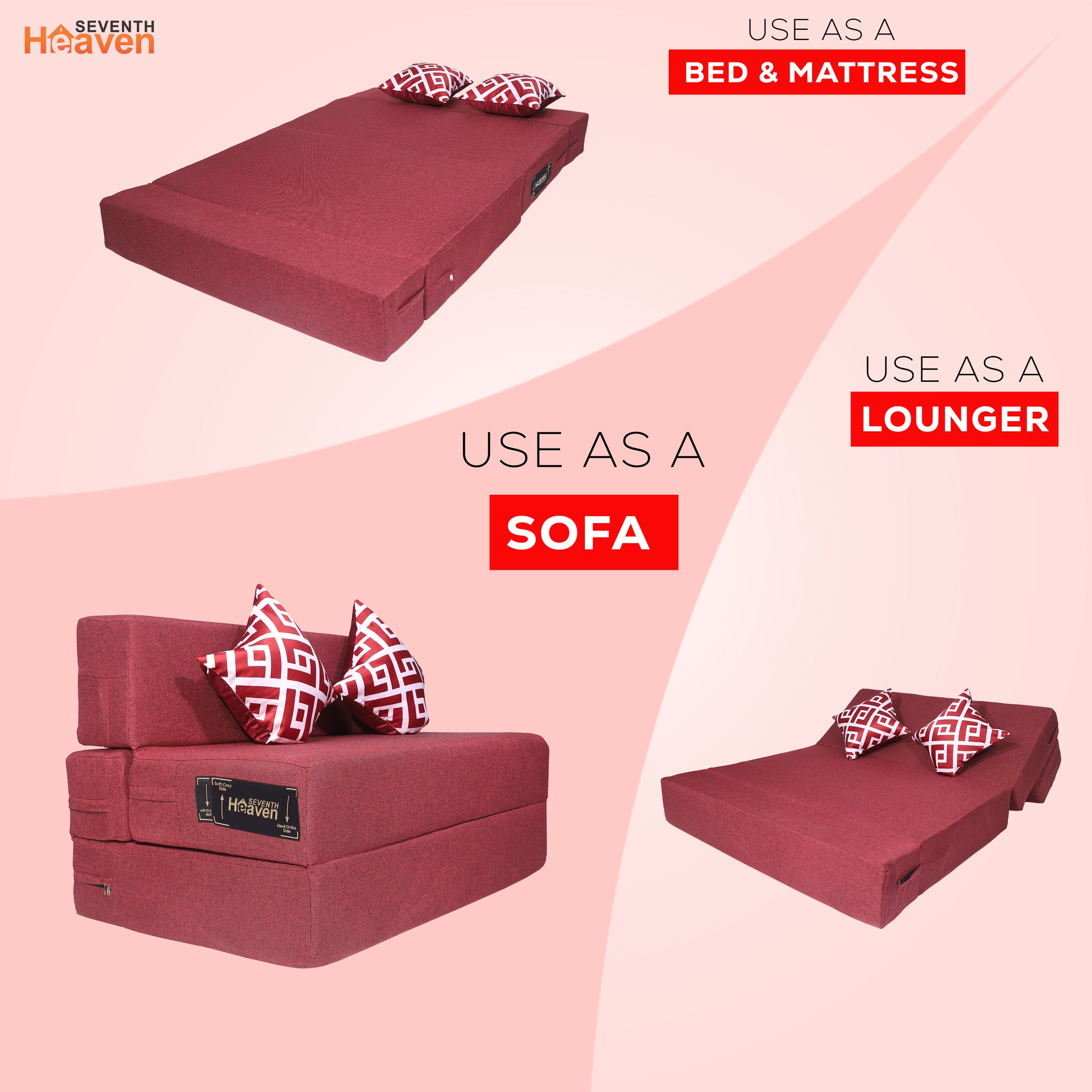 Seventh Heaven 2 Seater 6×4  Premium Jute Fabric Washable Cover Sofa cum Bed 2 Seater Double Foam Fold Out Sofa  Bed With 2 Printed Cushions (Finish Color - Maroon Delivery Condition - Pre-assembled)