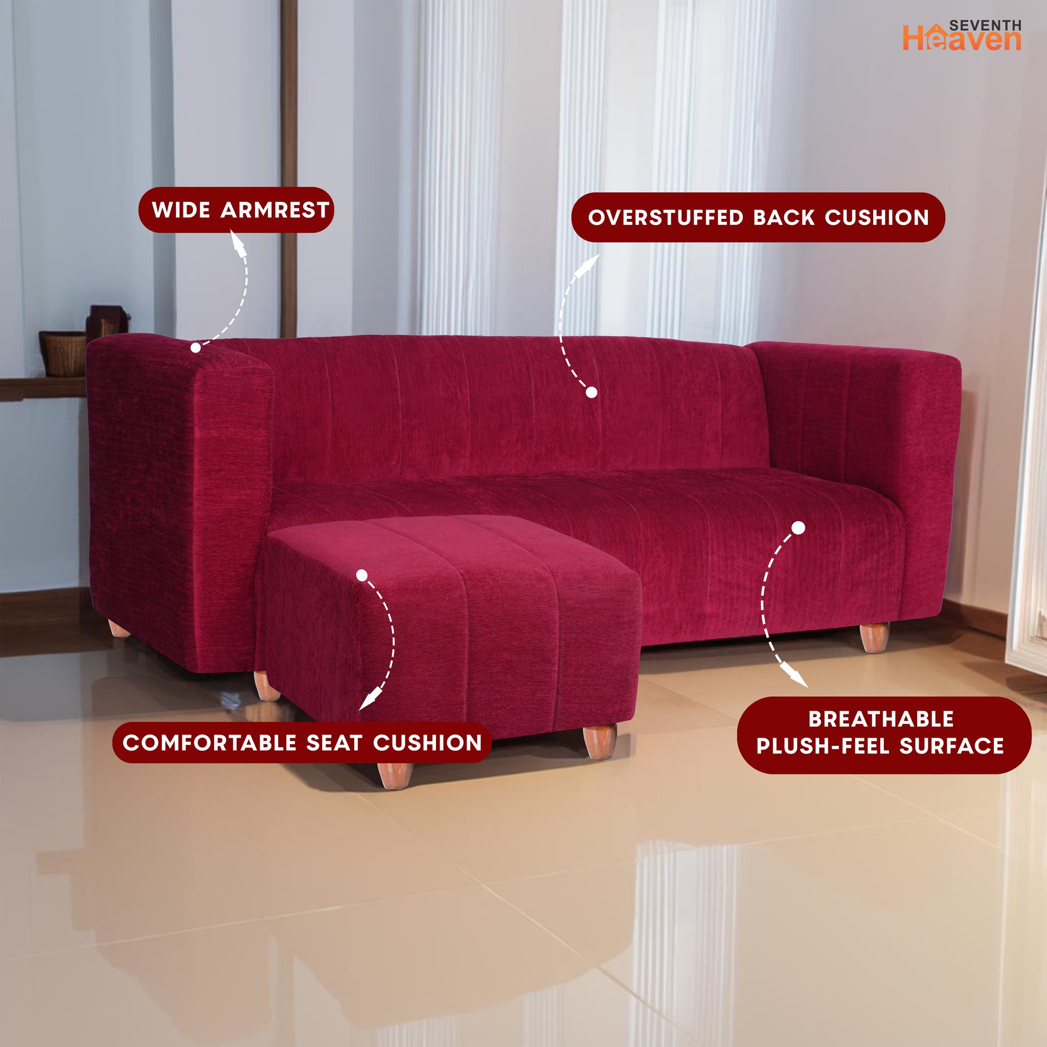 Tokyo 4 Seater Sofa with Ottoman- ( Premium Molfino Fabric- Maroon )