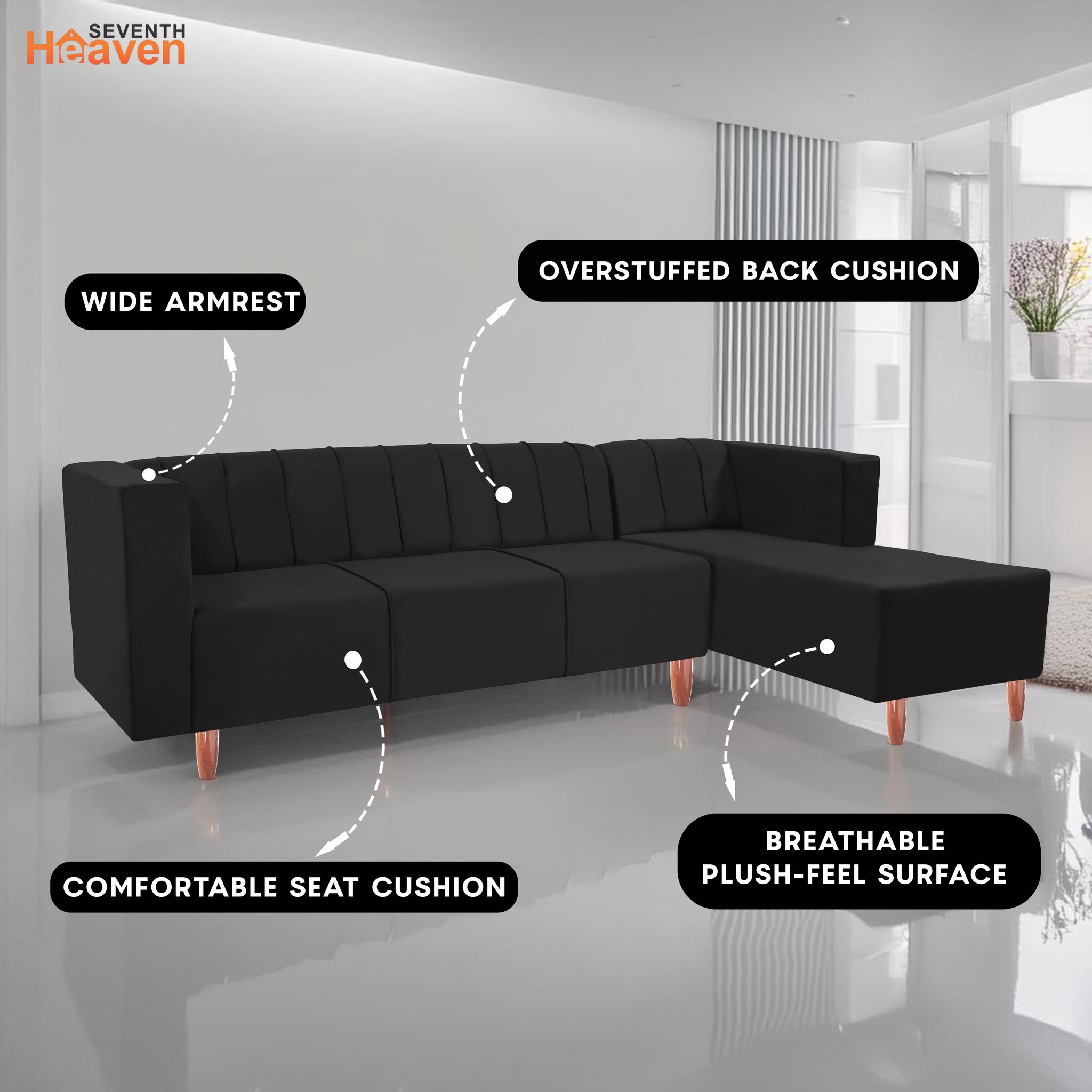 Sydney 6 Seater sofa right corner- ( Plush Suede Fabric- Black )
