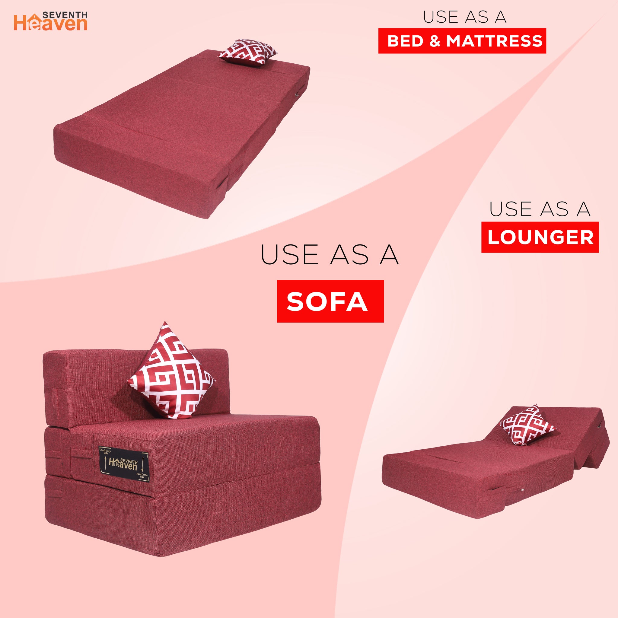 Seventh Heaven 1 Seater 6×3  Premium Jute Fabric Washable Cover Sofa cum Bed 1 Seater Double Foam Fold Out Sofa Cum Bed with 1 Printed Cushion  (Finish Color - Maroon Delivery Condition - Pre-assembled)