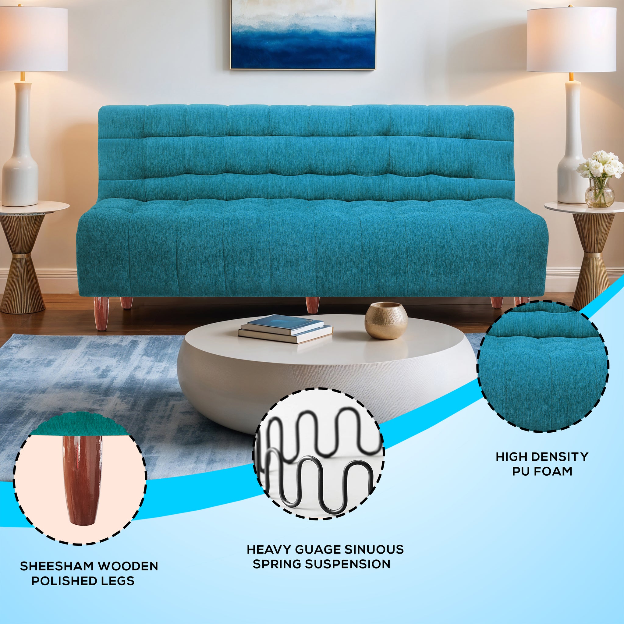 Florida Neo 3 Seater Wooden Sofa Cum Bed - ( Premium Molfino Fabric- Sky Blue )