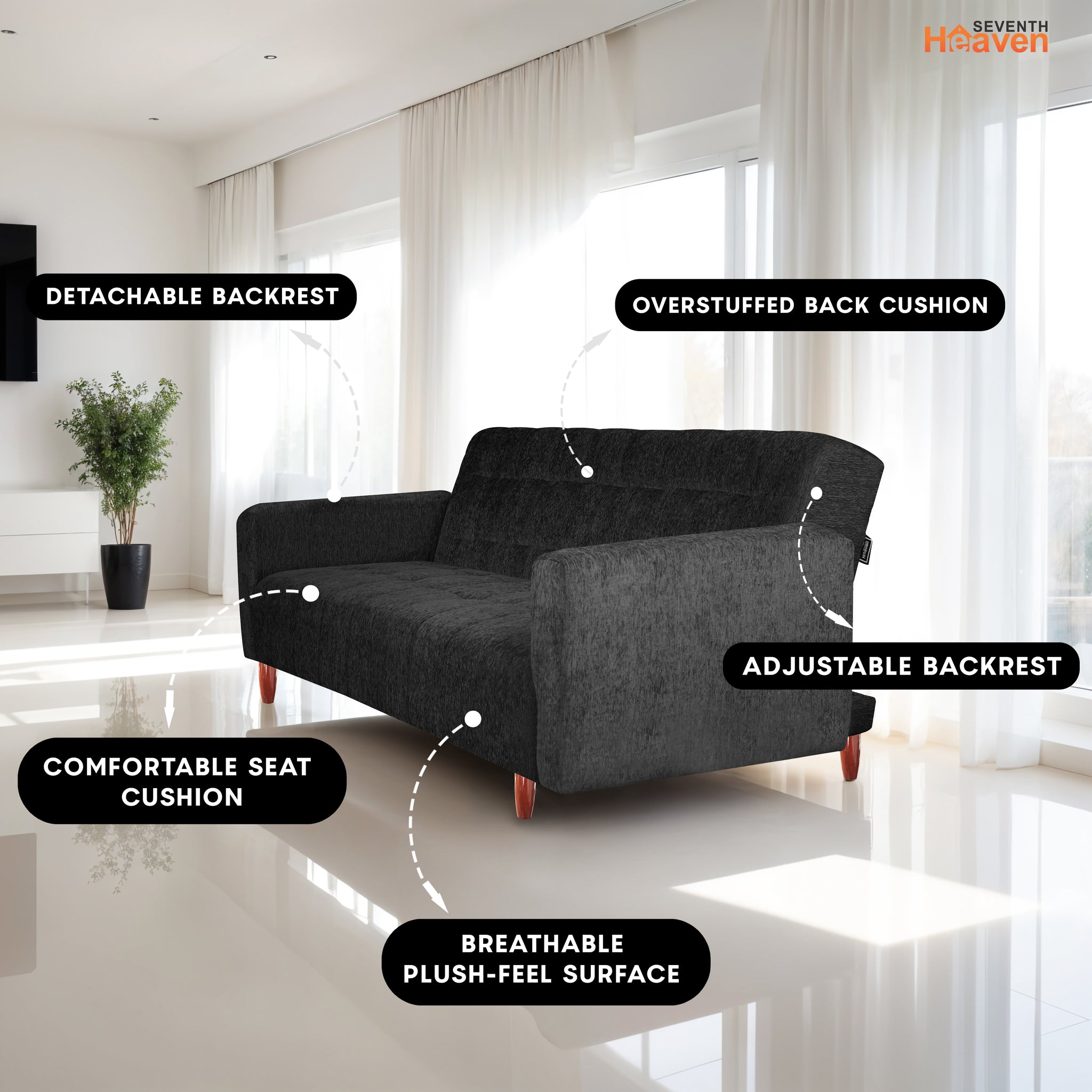 Lisbon  4 Seater Wooden Sofa Cum Bed - ( Premium Molfino Fabric - Black)