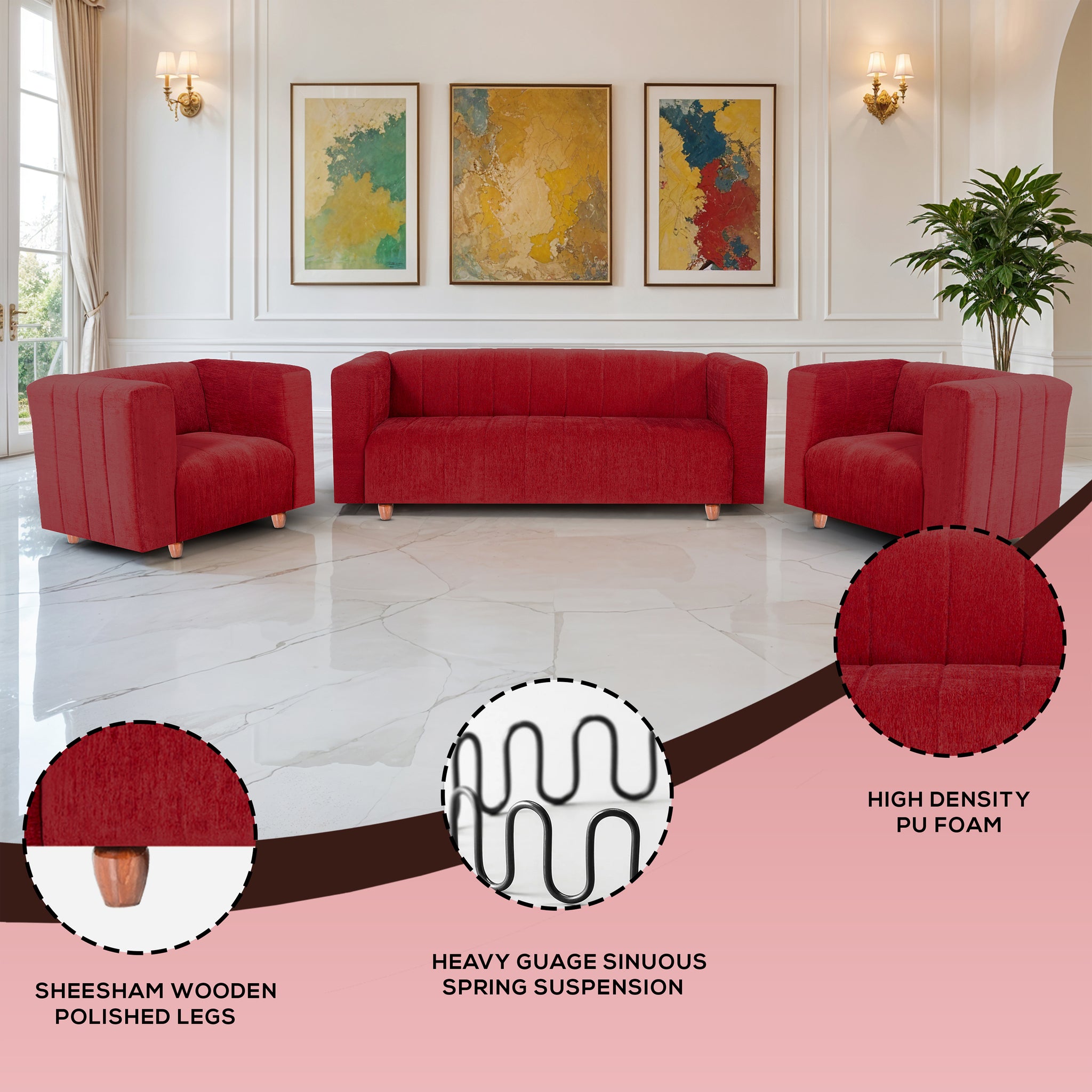 Tokyo 5 Seater Sofa- (3+1+1) ( Premium Molfino Fabric - Maroon)