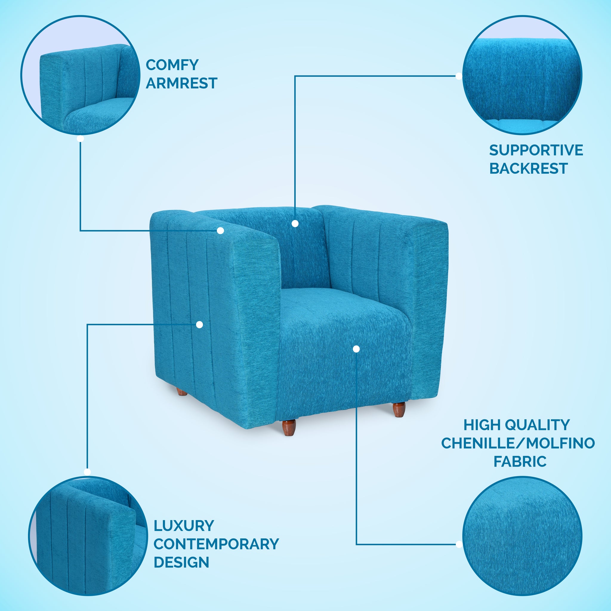 Tokyo 1 Seater Sofa- ( Premium Molfino Fabric- Sky Blue )