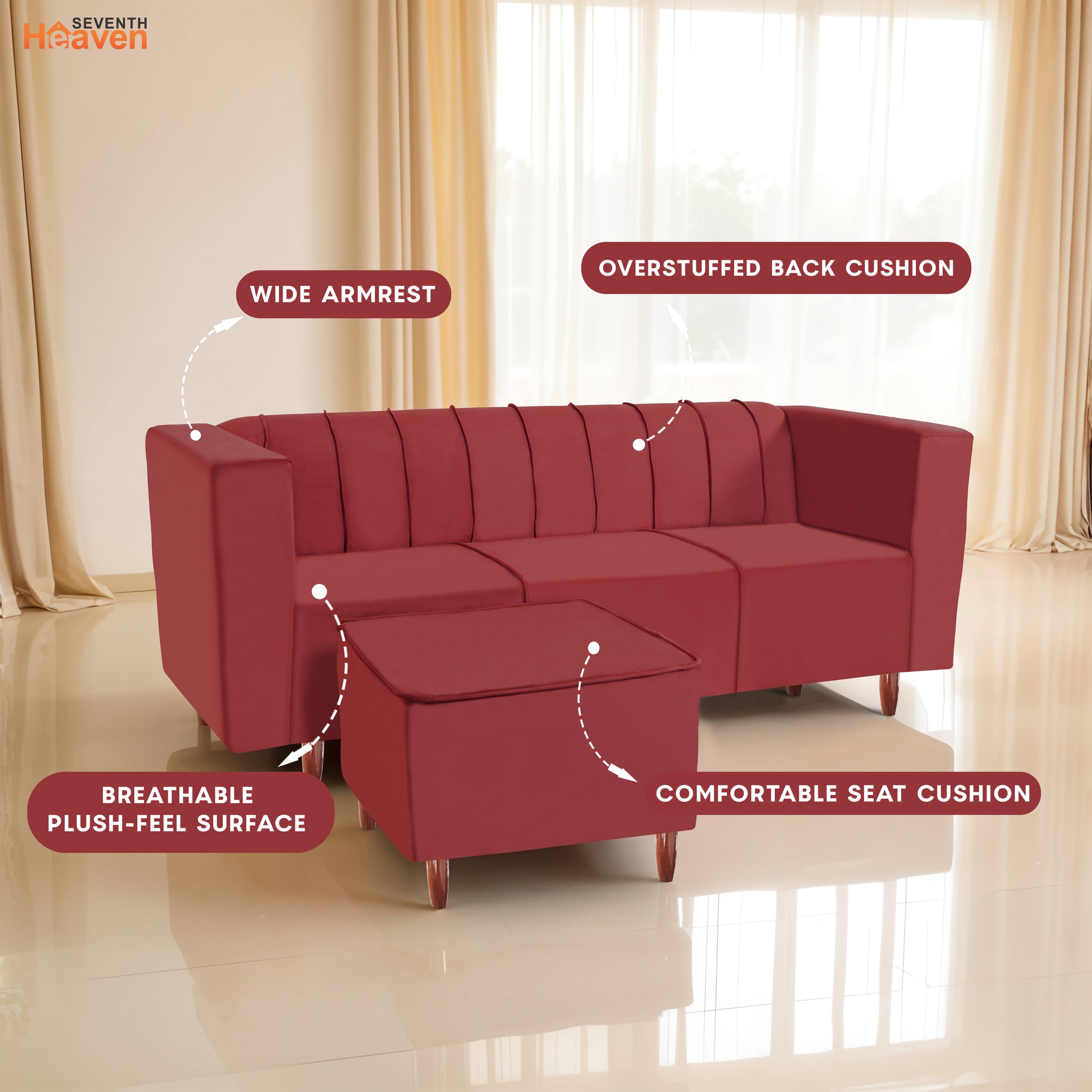 Sydney 4 Seater Sofa with Ottoman- ( Premium Holland Fabric- Maroon )