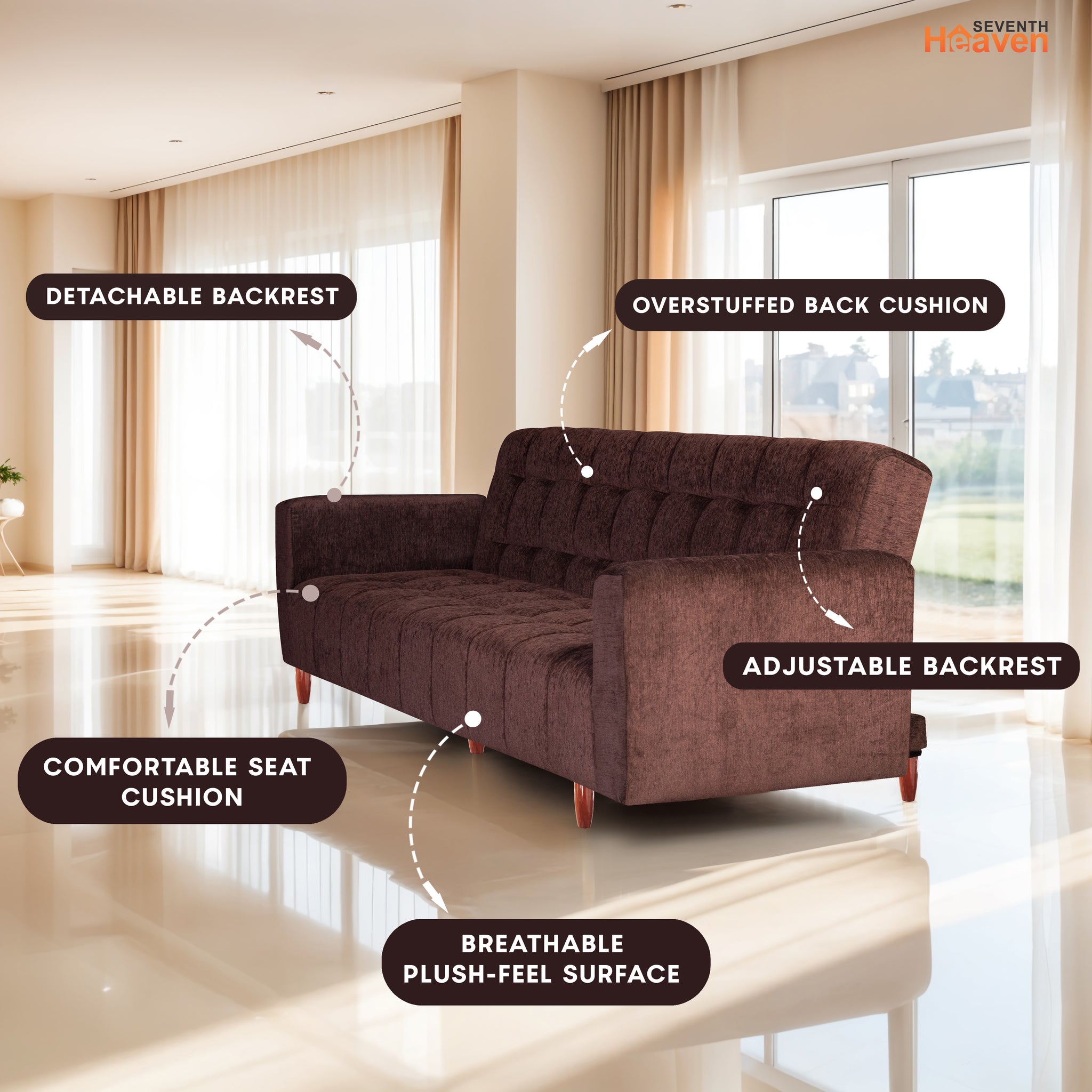 Lisbon 3 Seater Wooden Sofa Cum Bed - ( Premium Molfino Fabric- Brown )