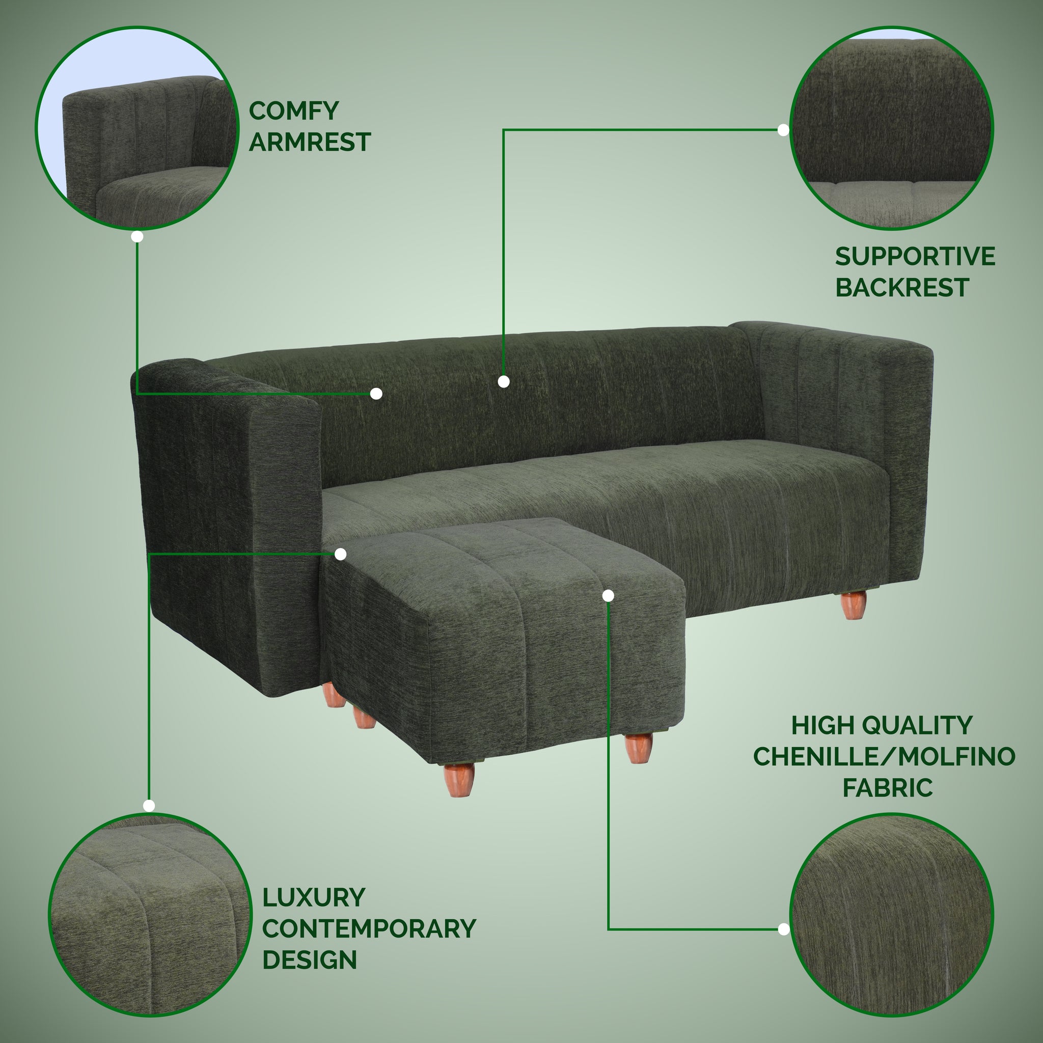 Tokyo 4 Seater Sofa with Ottoman- ( Premium Molfino Fabric- Green )